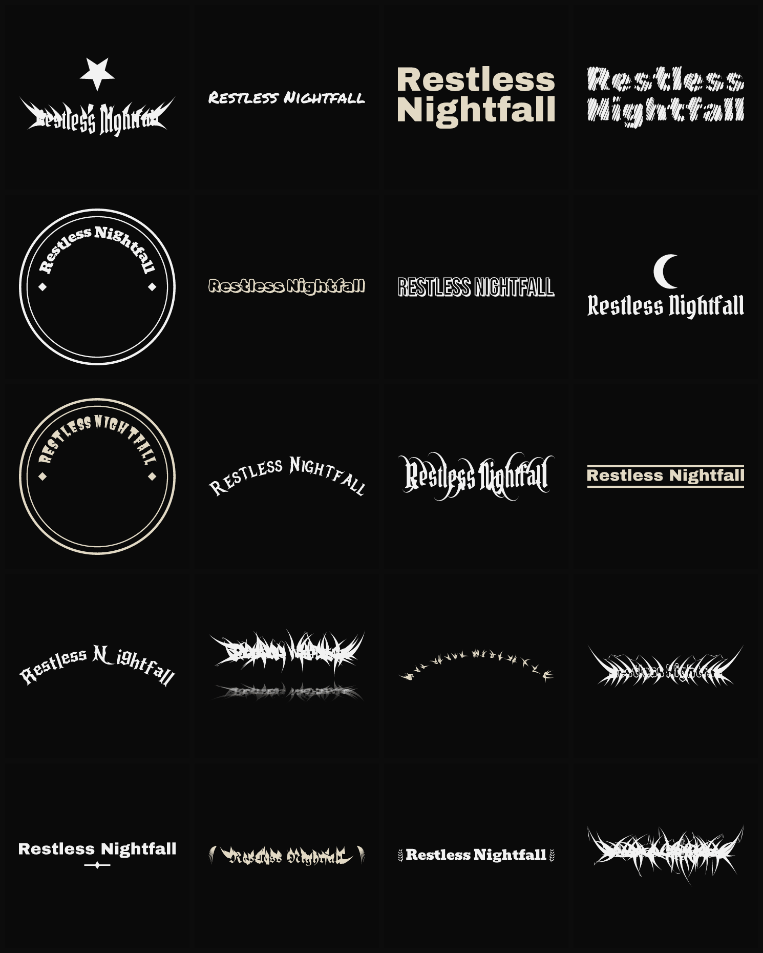 Twenty Restless Nightfall band logo ideas — different faces, treatments and spike settings