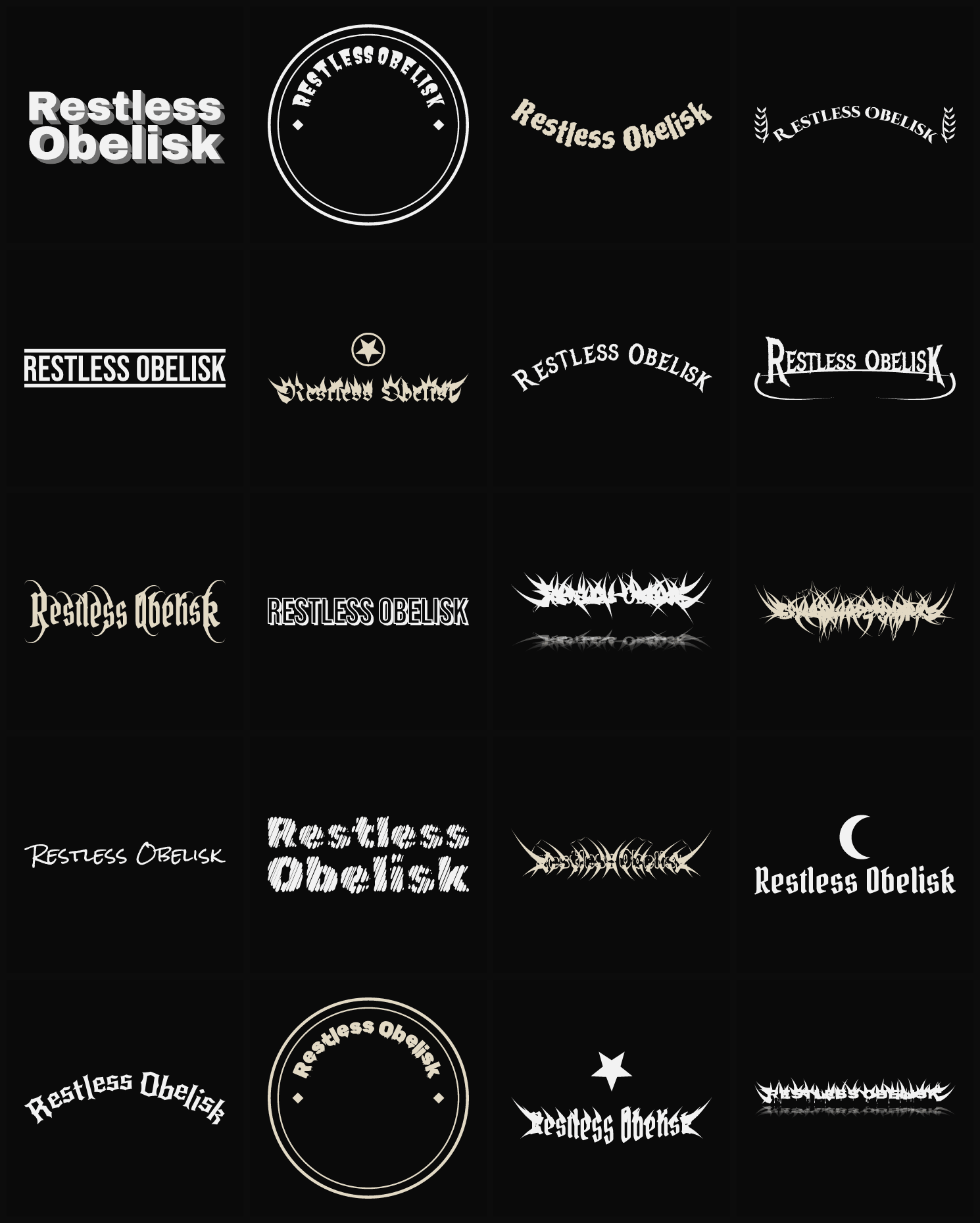 Twenty Restless Obelisk band logo ideas — different faces, treatments and spike settings