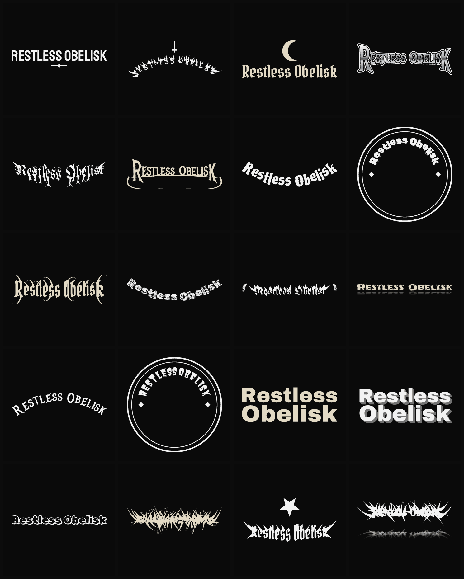 Twenty Restless Obelisk band logo ideas — different faces, treatments and spike settings