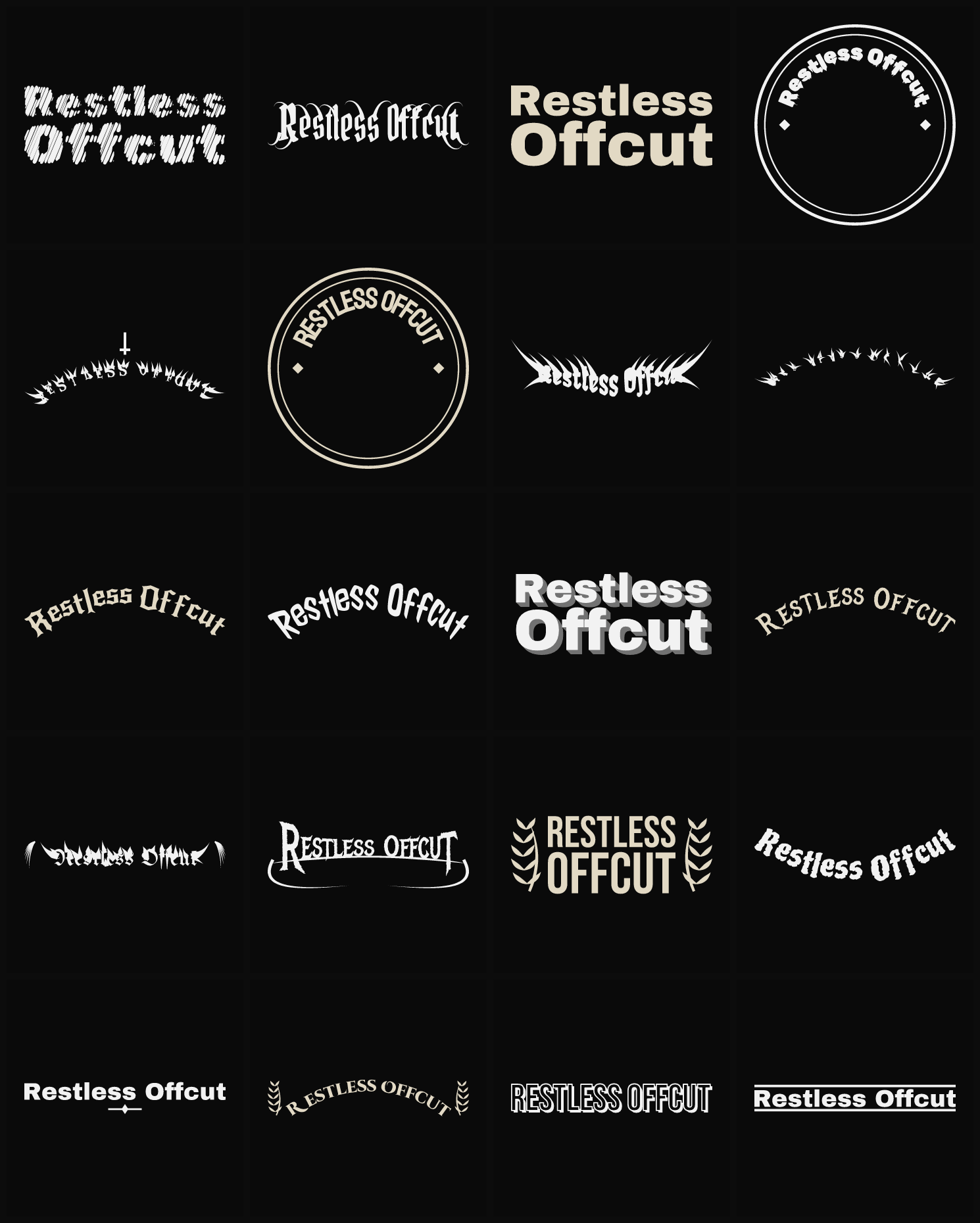 Twenty Restless Offcut band logo ideas — different faces, treatments and spike settings