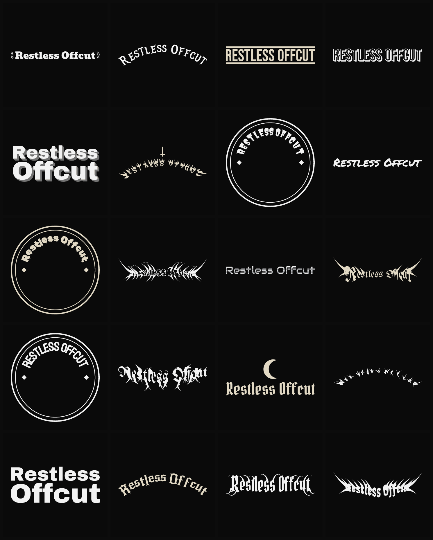 Twenty Restless Offcut band logo ideas — different faces, treatments and spike settings