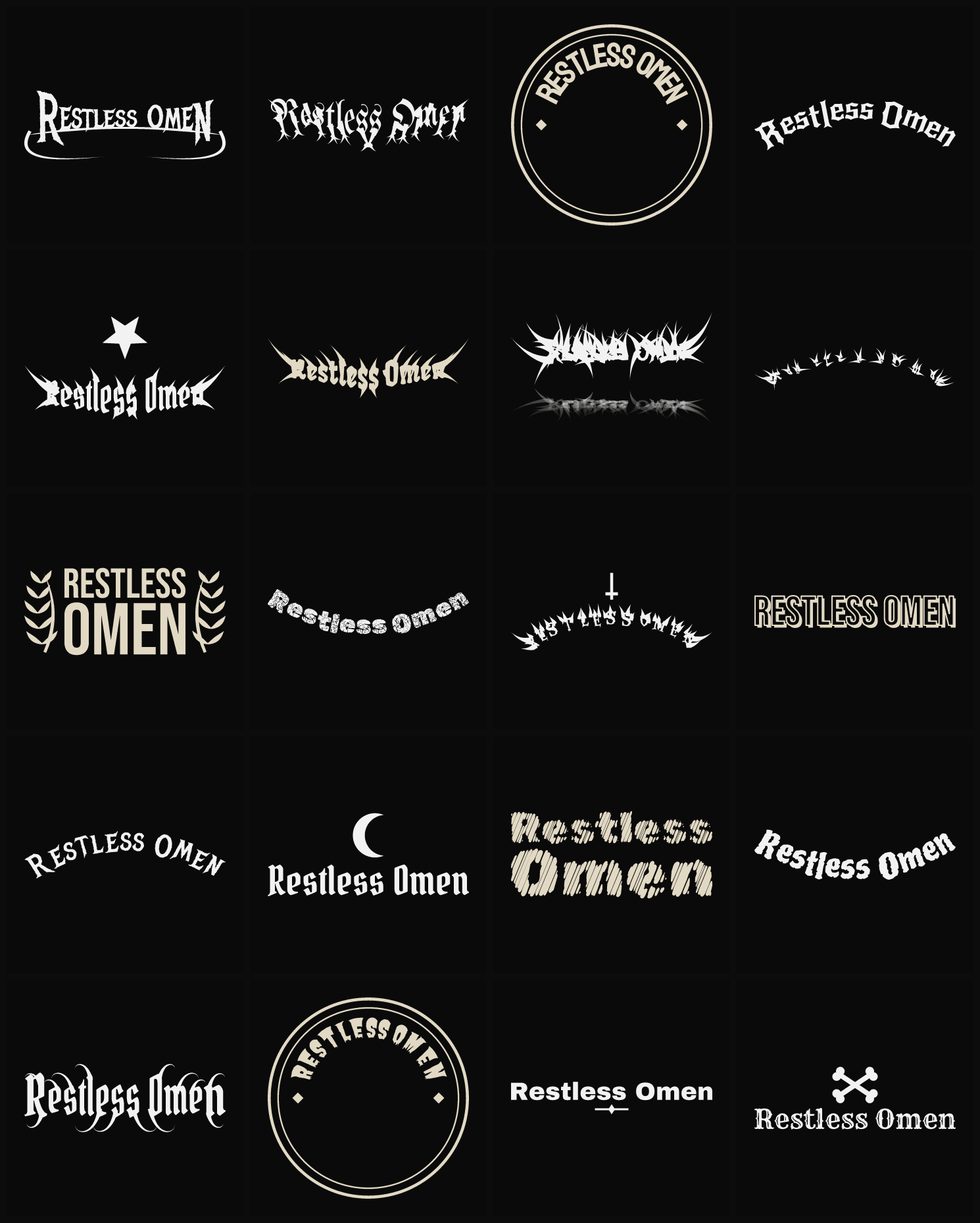 Twenty Restless Omen band logo ideas — different faces, treatments and spike settings