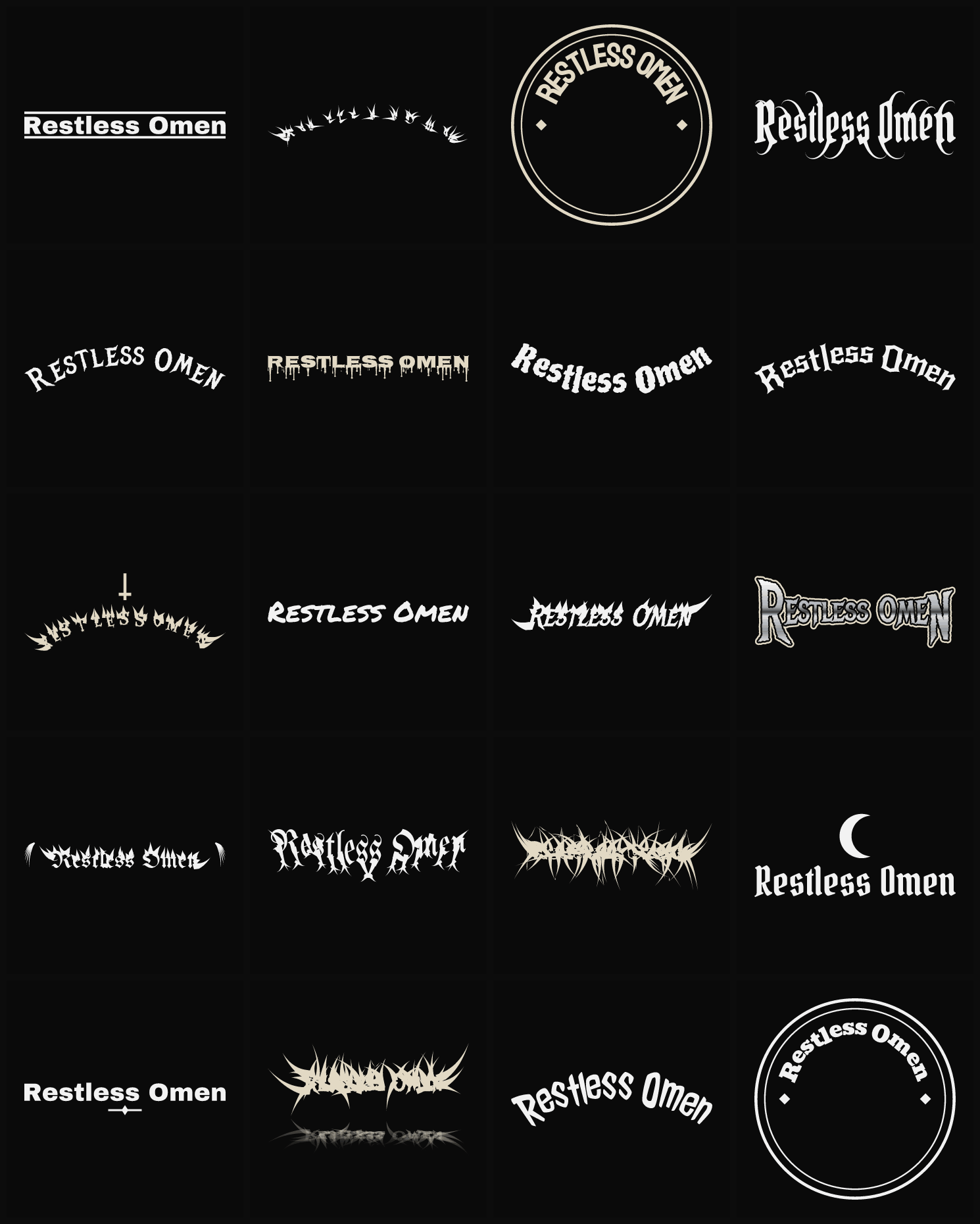 Twenty Restless Omen band logo ideas — different faces, treatments and spike settings