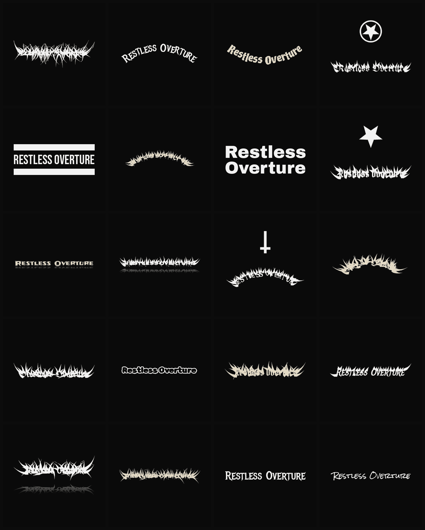 Twenty Restless Overture band logo ideas — different faces, treatments and spike settings