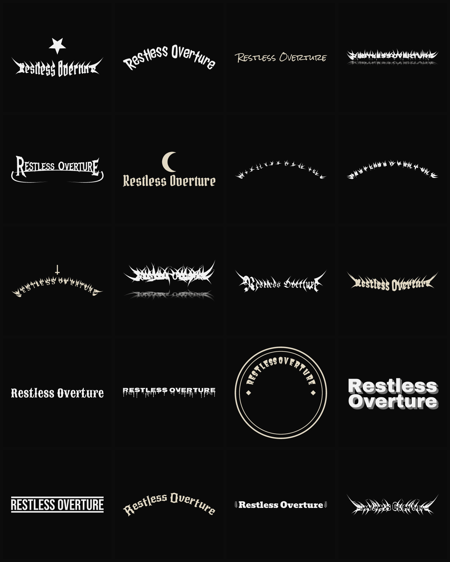 Twenty Restless Overture band logo ideas — different faces, treatments and spike settings