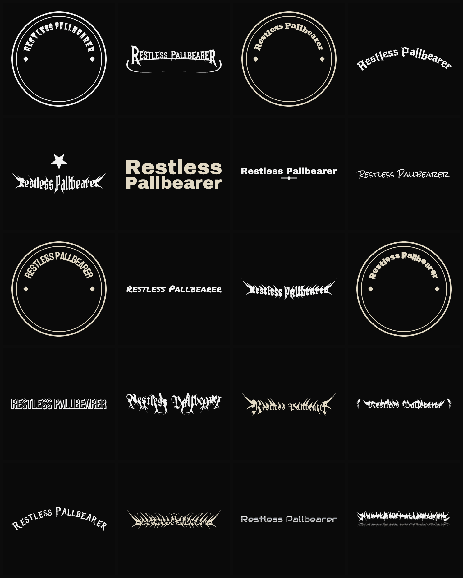 Twenty Restless Pallbearer band logo ideas — different faces, treatments and spike settings