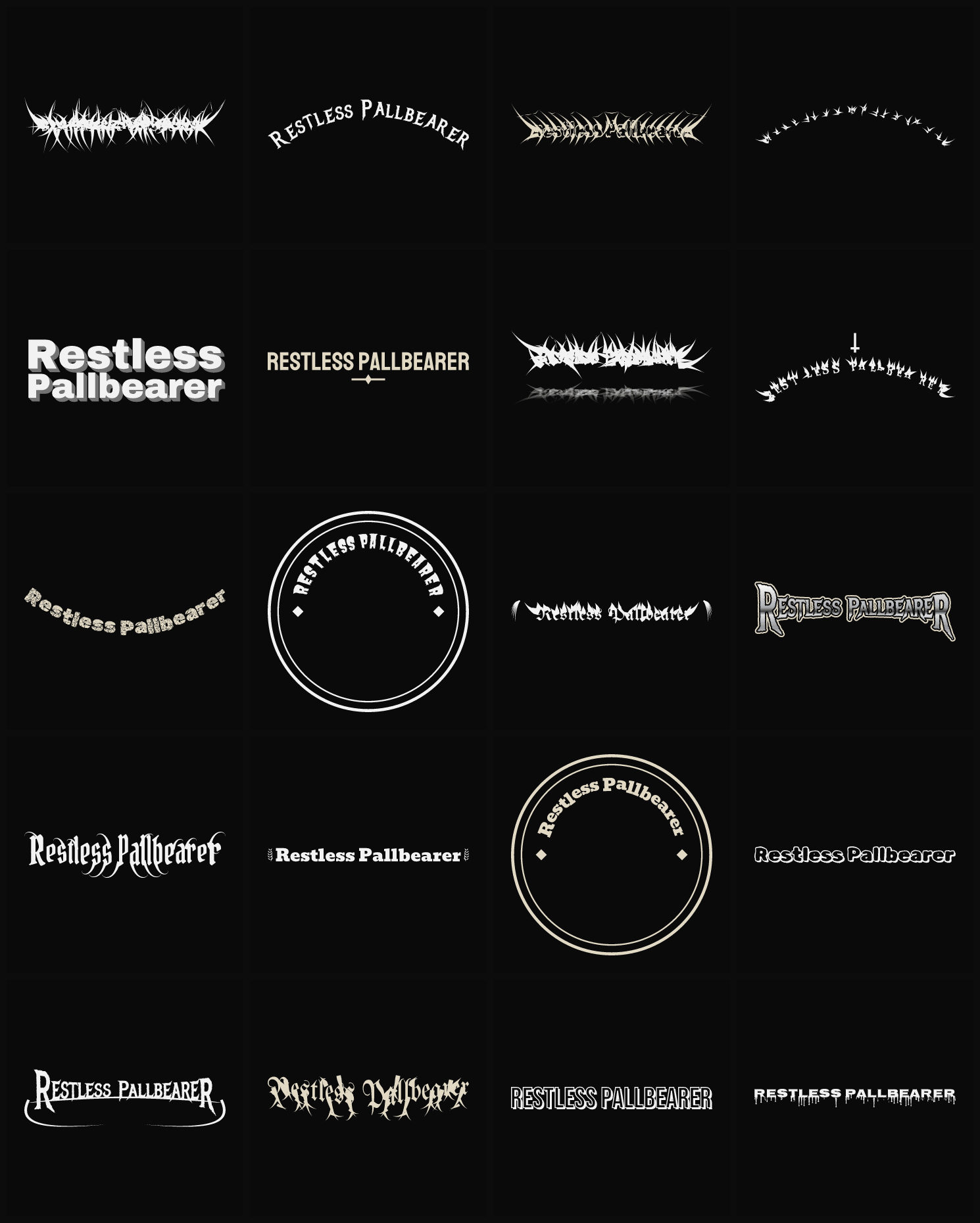 Twenty Restless Pallbearer band logo ideas — different faces, treatments and spike settings
