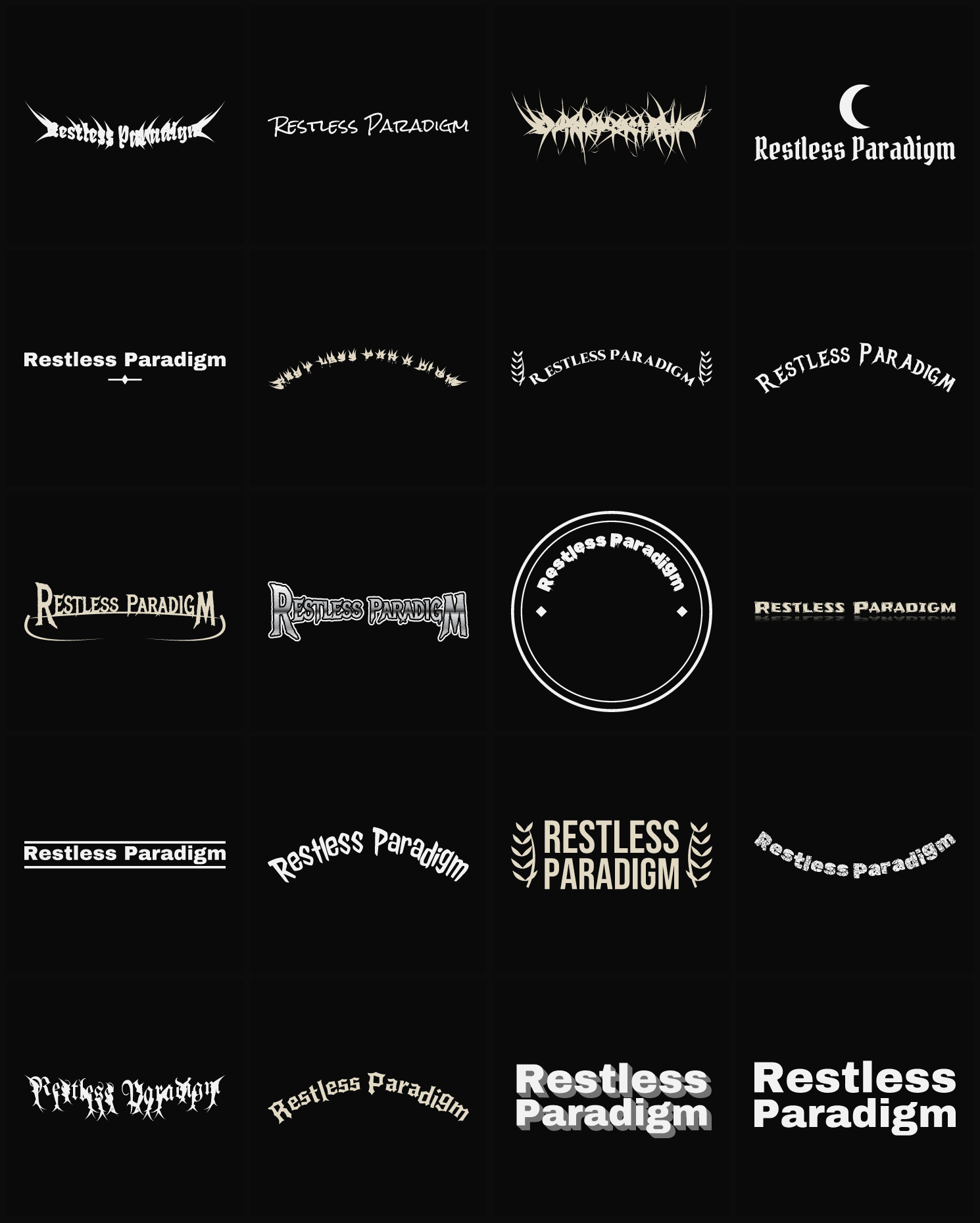 Twenty Restless Paradigm band logo ideas — different faces, treatments and spike settings