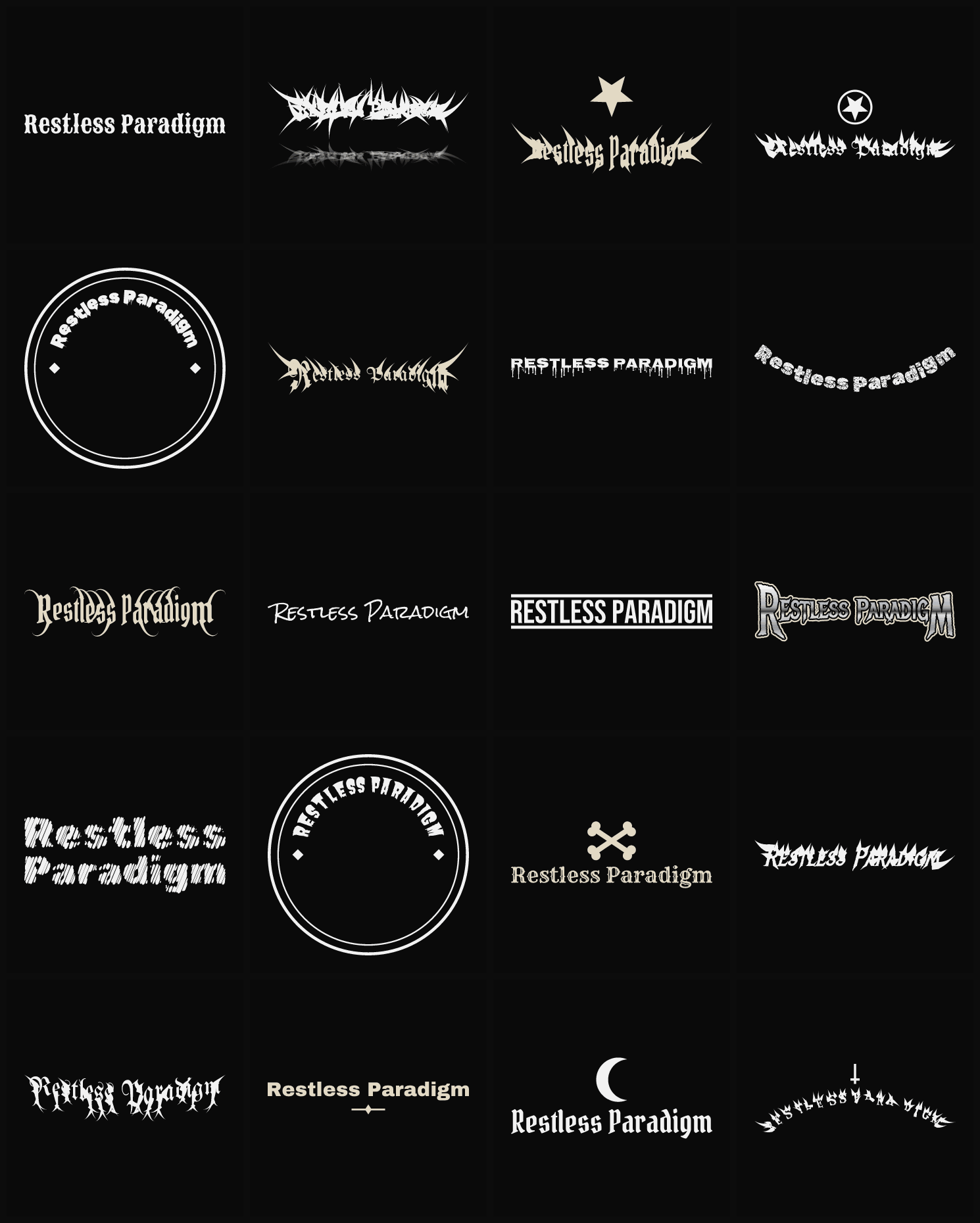 Twenty Restless Paradigm band logo ideas — different faces, treatments and spike settings