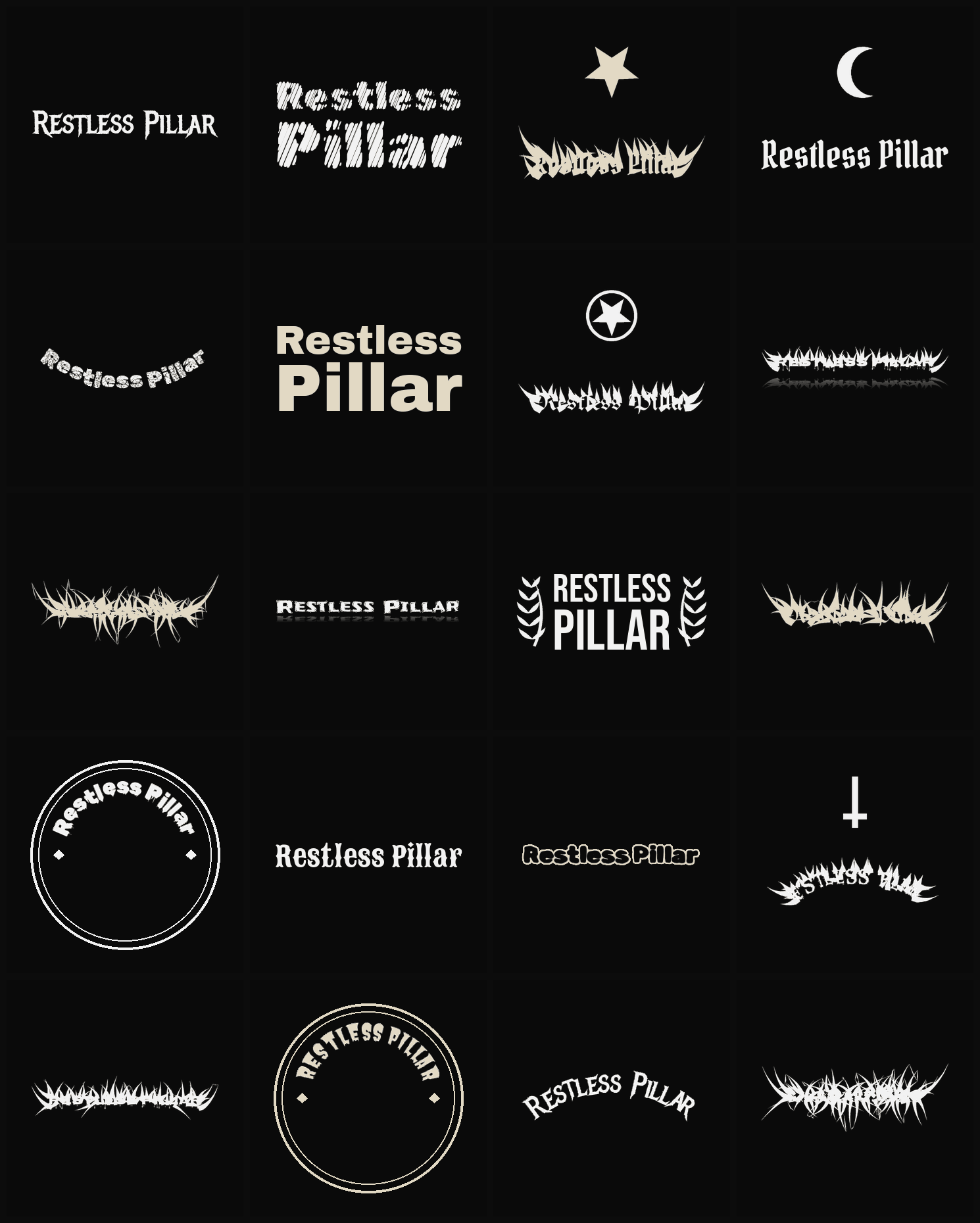 Twenty Restless Pillar band logo ideas — different faces, treatments and spike settings