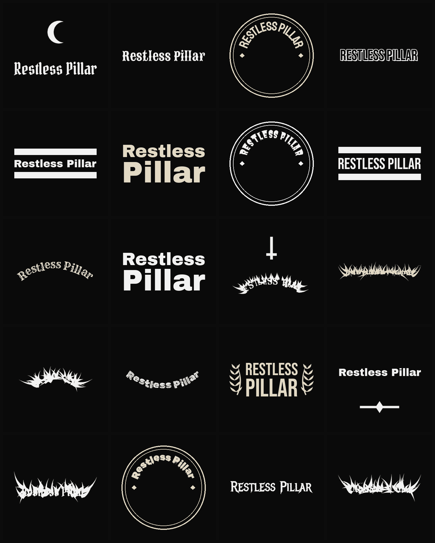 Twenty Restless Pillar band logo ideas — different faces, treatments and spike settings