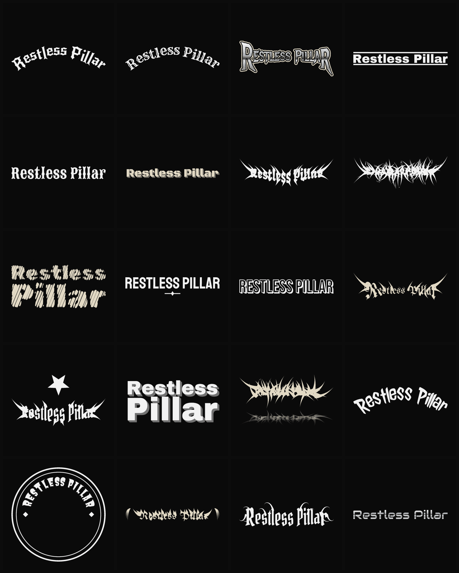 Twenty Restless Pillar band logo ideas — different faces, treatments and spike settings