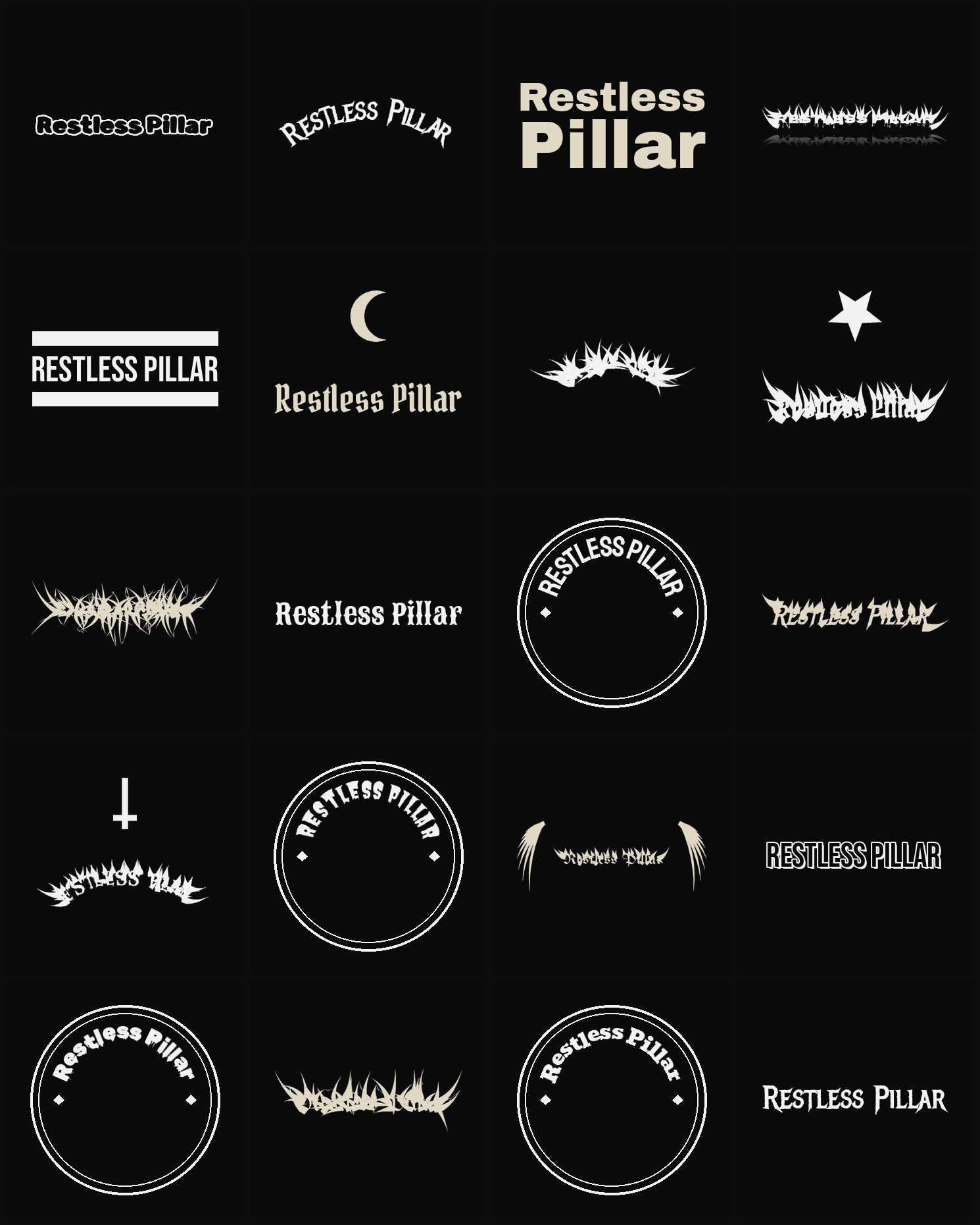 Twenty Restless Pillar band logo ideas — different faces, treatments and spike settings