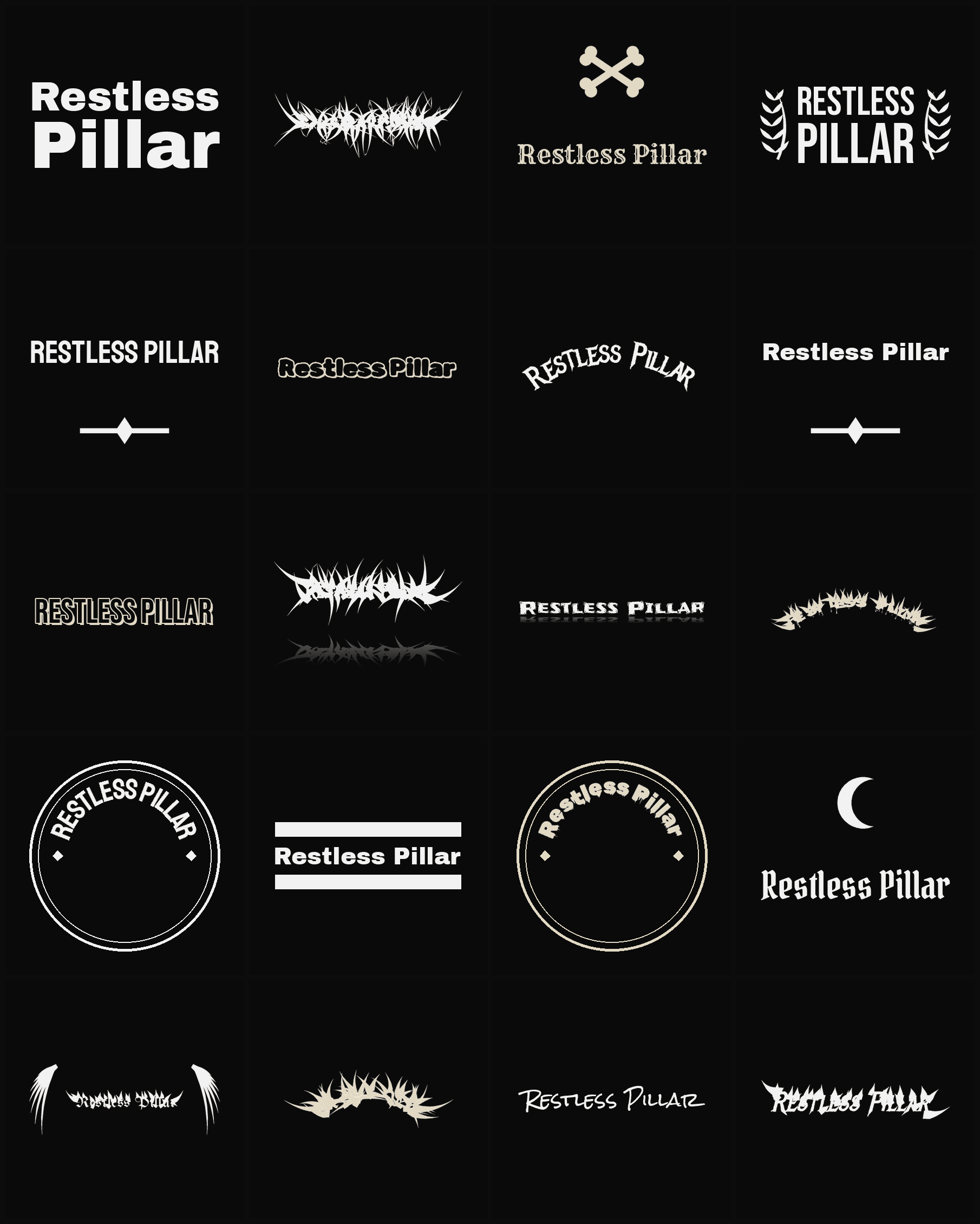 Twenty Restless Pillar band logo ideas — different faces, treatments and spike settings