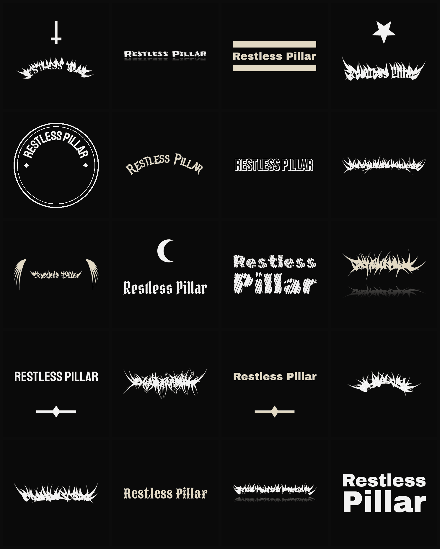 Twenty Restless Pillar band logo ideas — different faces, treatments and spike settings