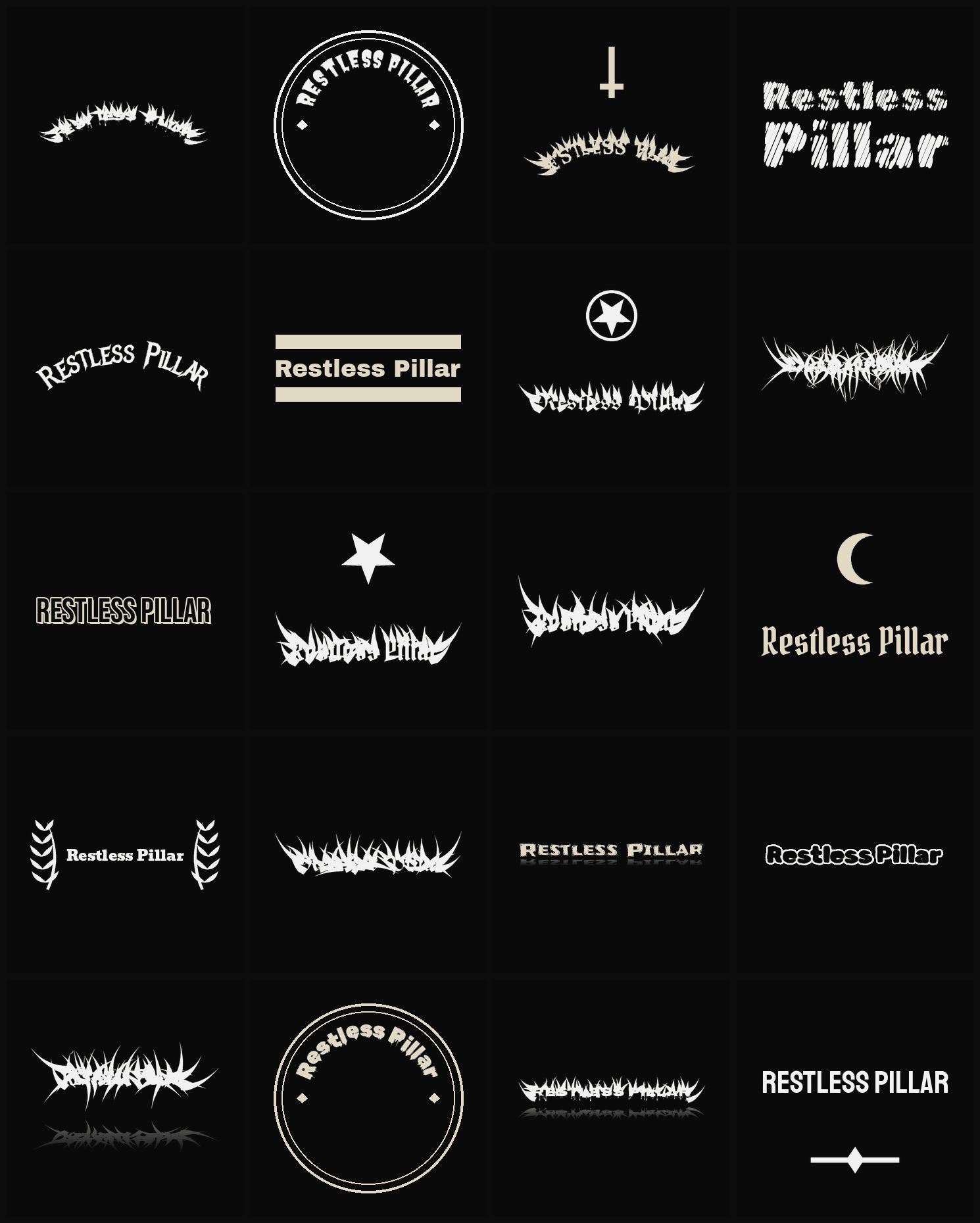 Twenty Restless Pillar band logo ideas — different faces, treatments and spike settings