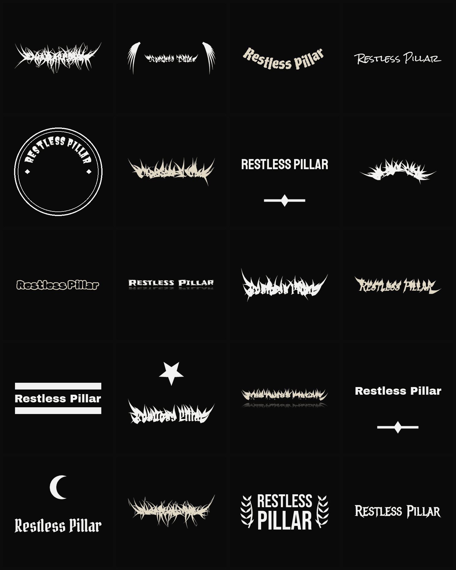 Twenty Restless Pillar band logo ideas — different faces, treatments and spike settings