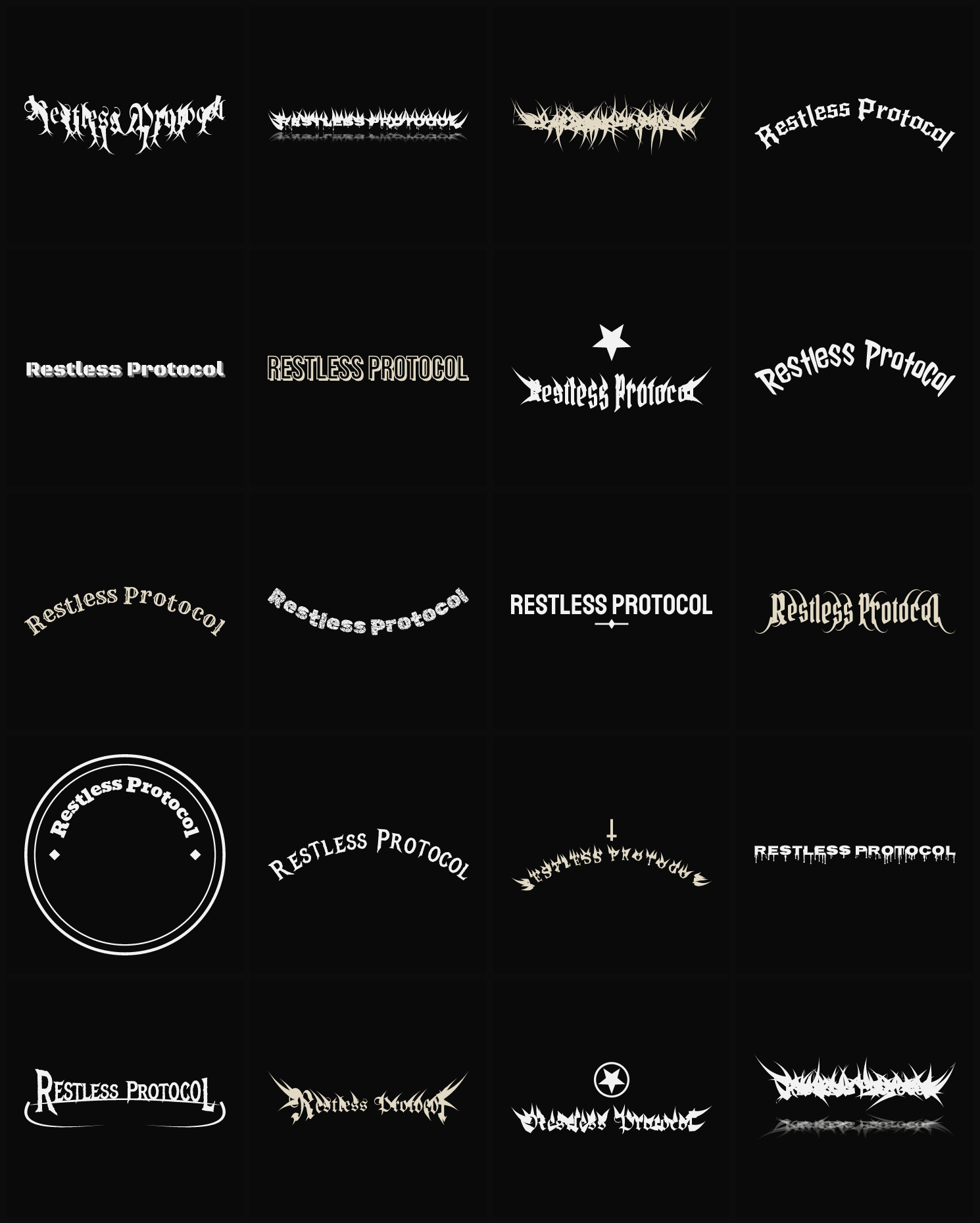 Twenty Restless Protocol band logo ideas — different faces, treatments and spike settings