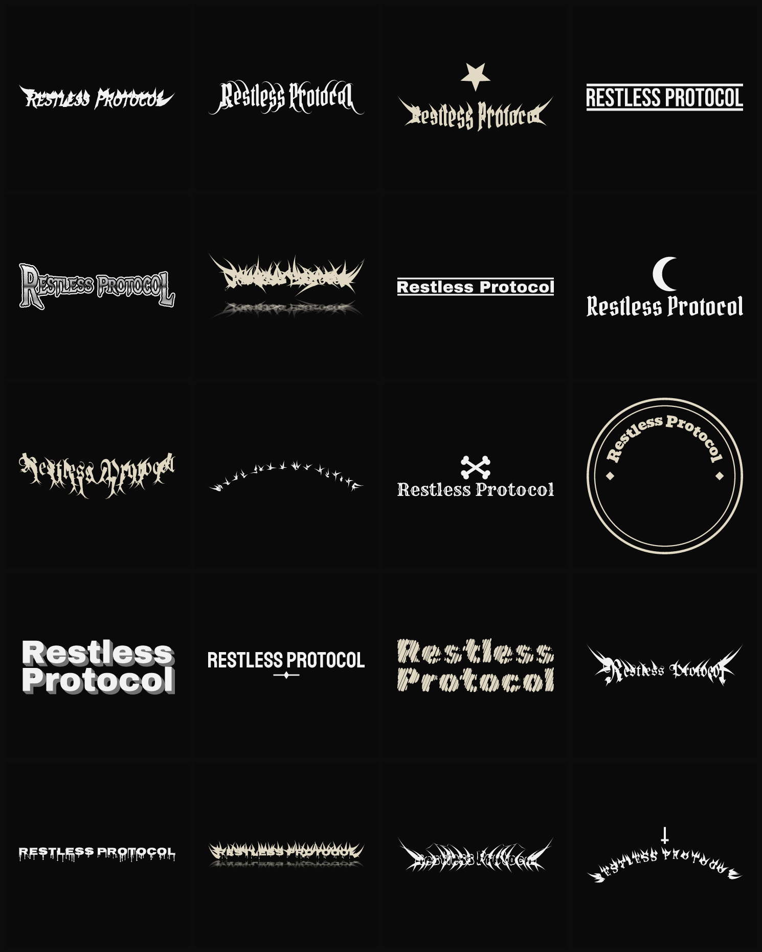 Twenty Restless Protocol band logo ideas — different faces, treatments and spike settings