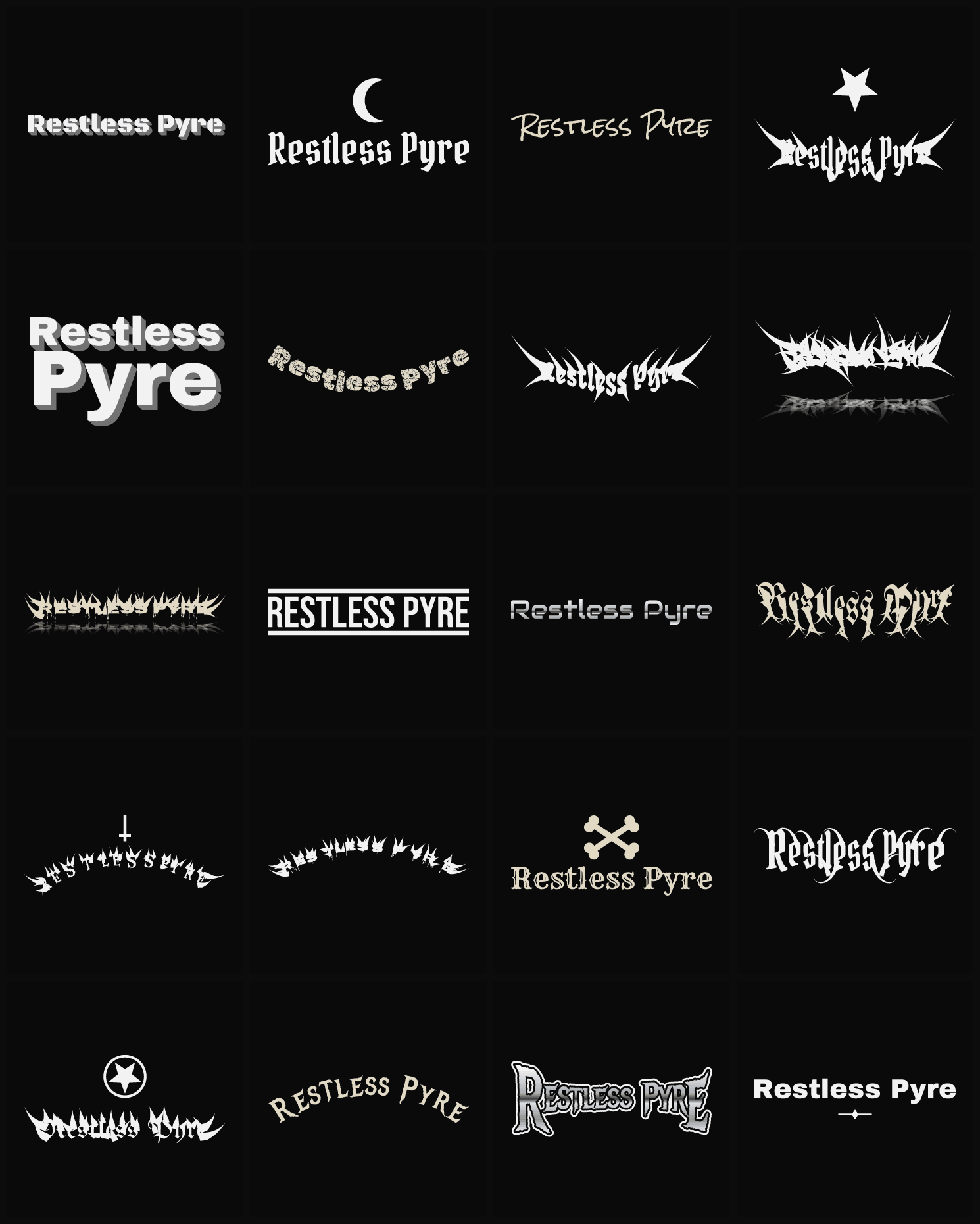 Twenty Restless Pyre band logo ideas — different faces, treatments and spike settings