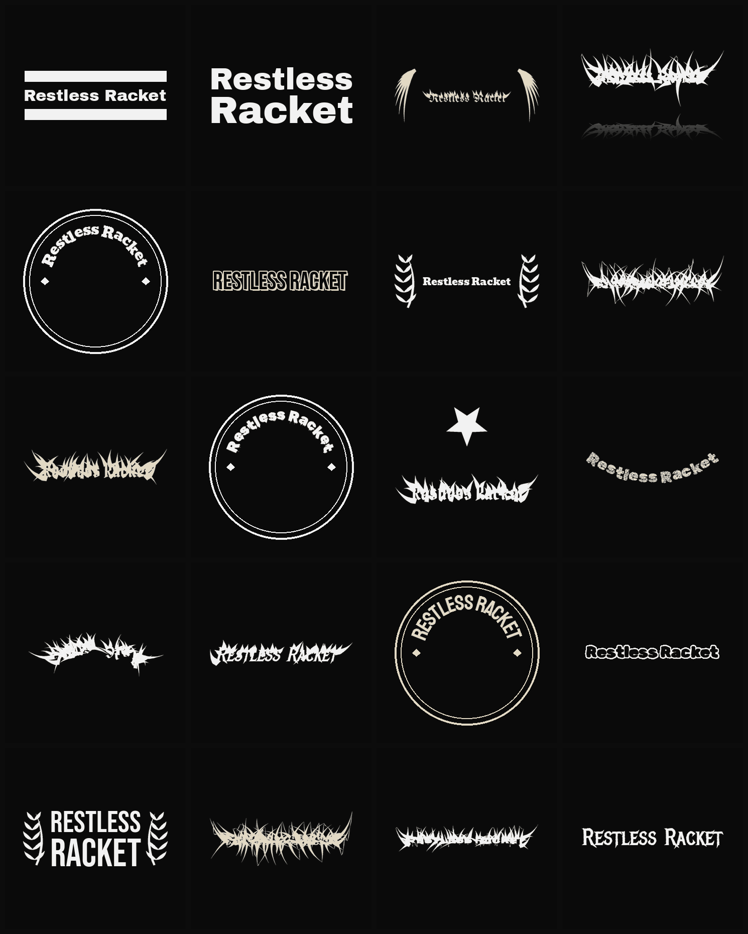 Twenty Restless Racket band logo ideas — different faces, treatments and spike settings