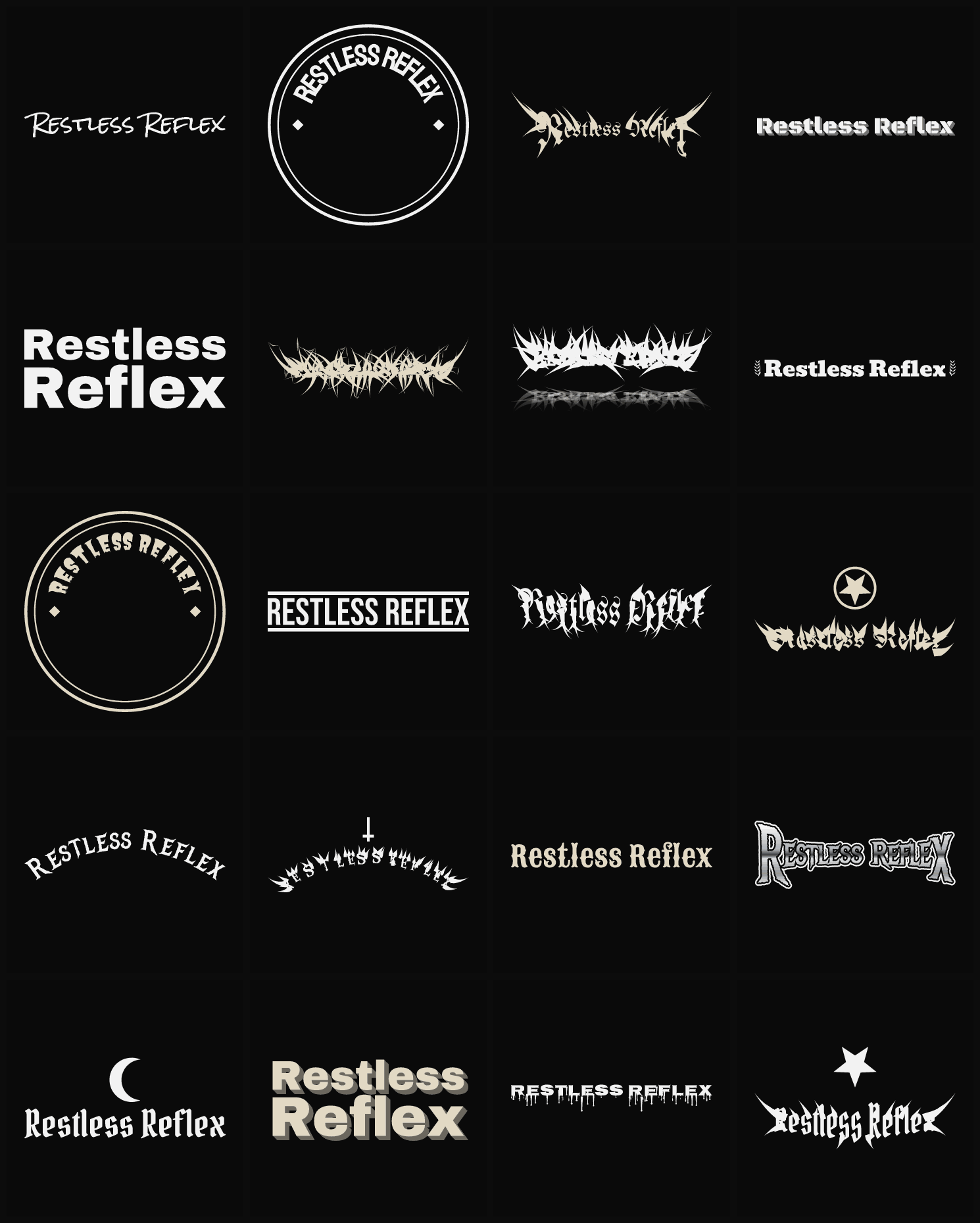 Twenty Restless Reflex band logo ideas — different faces, treatments and spike settings