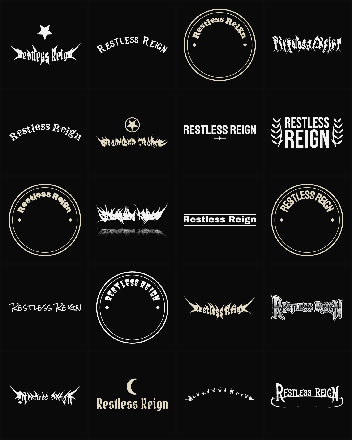 Twenty Restless Reign band logo ideas — different faces, treatments and spike settings