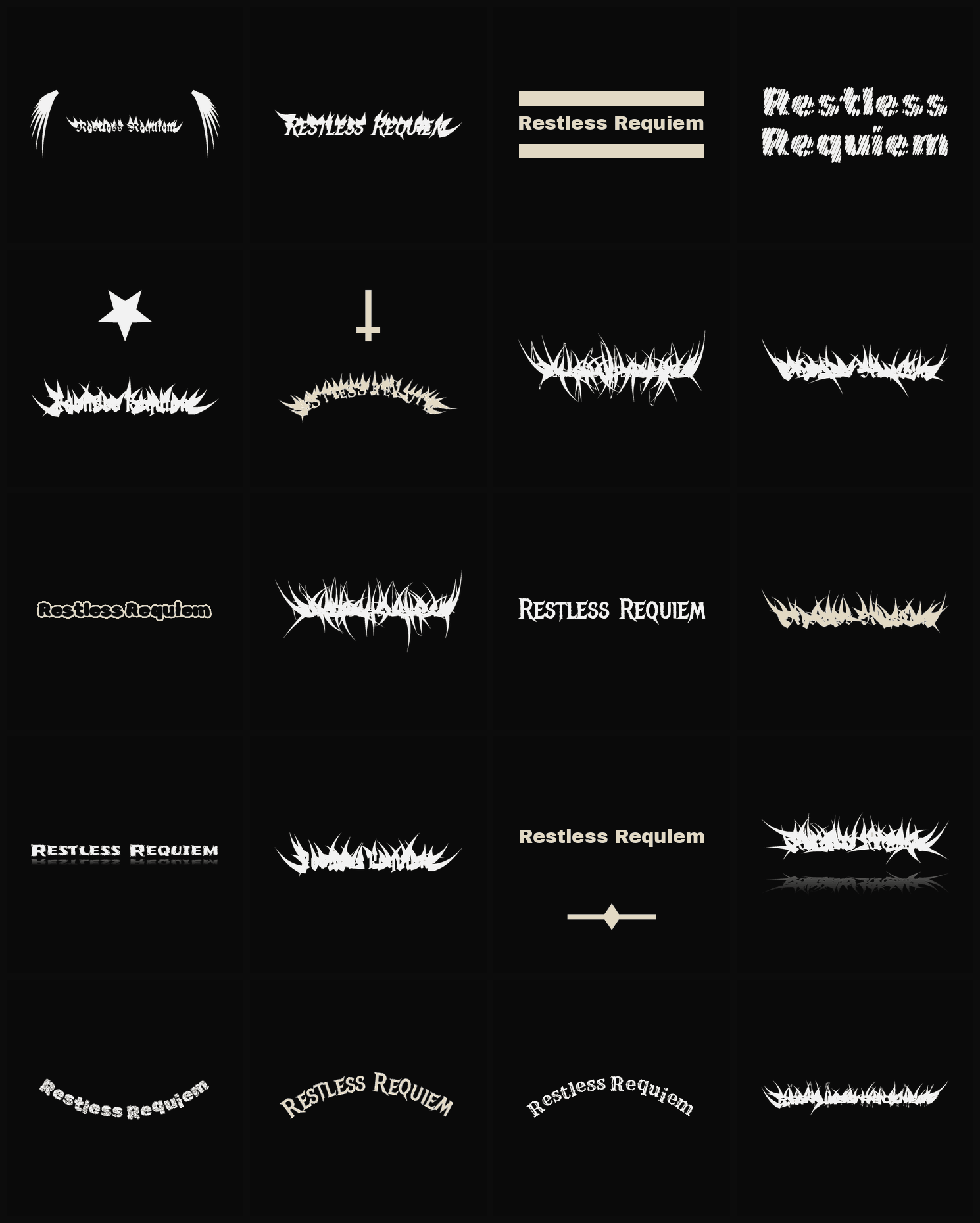 Twenty Restless Requiem band logo ideas — different faces, treatments and spike settings