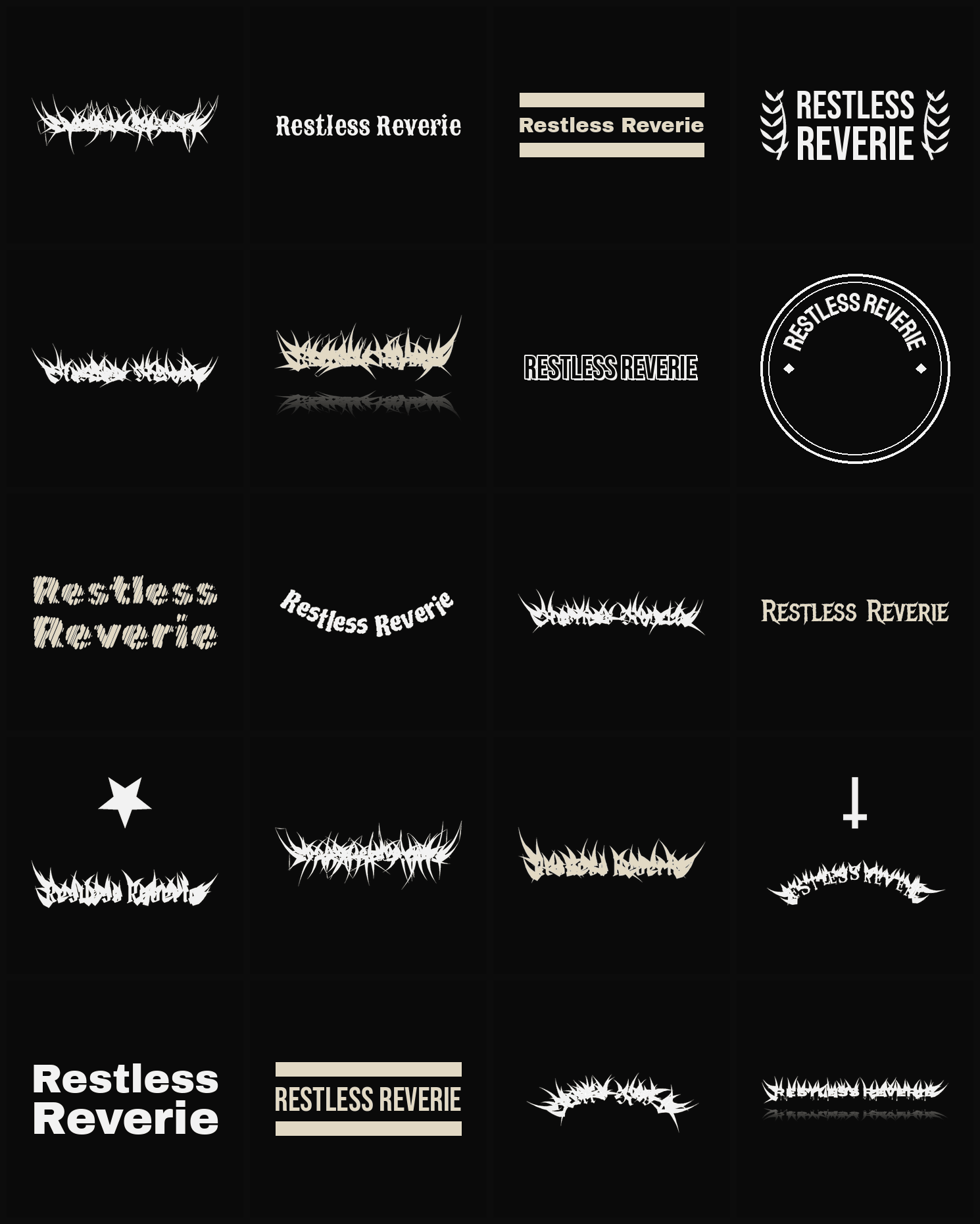 Twenty Restless Reverie band logo ideas — different faces, treatments and spike settings