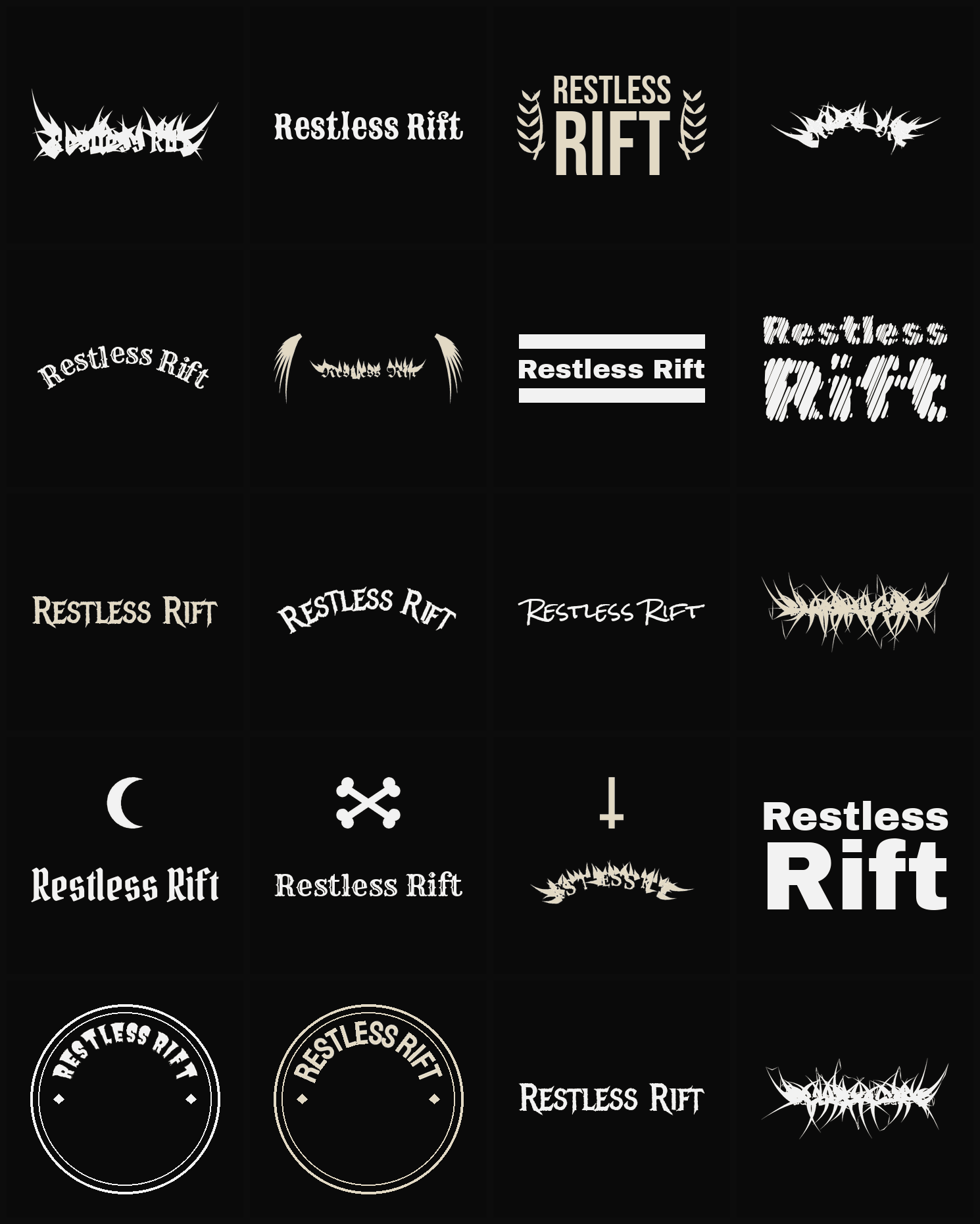 Twenty Restless Rift band logo ideas — different faces, treatments and spike settings