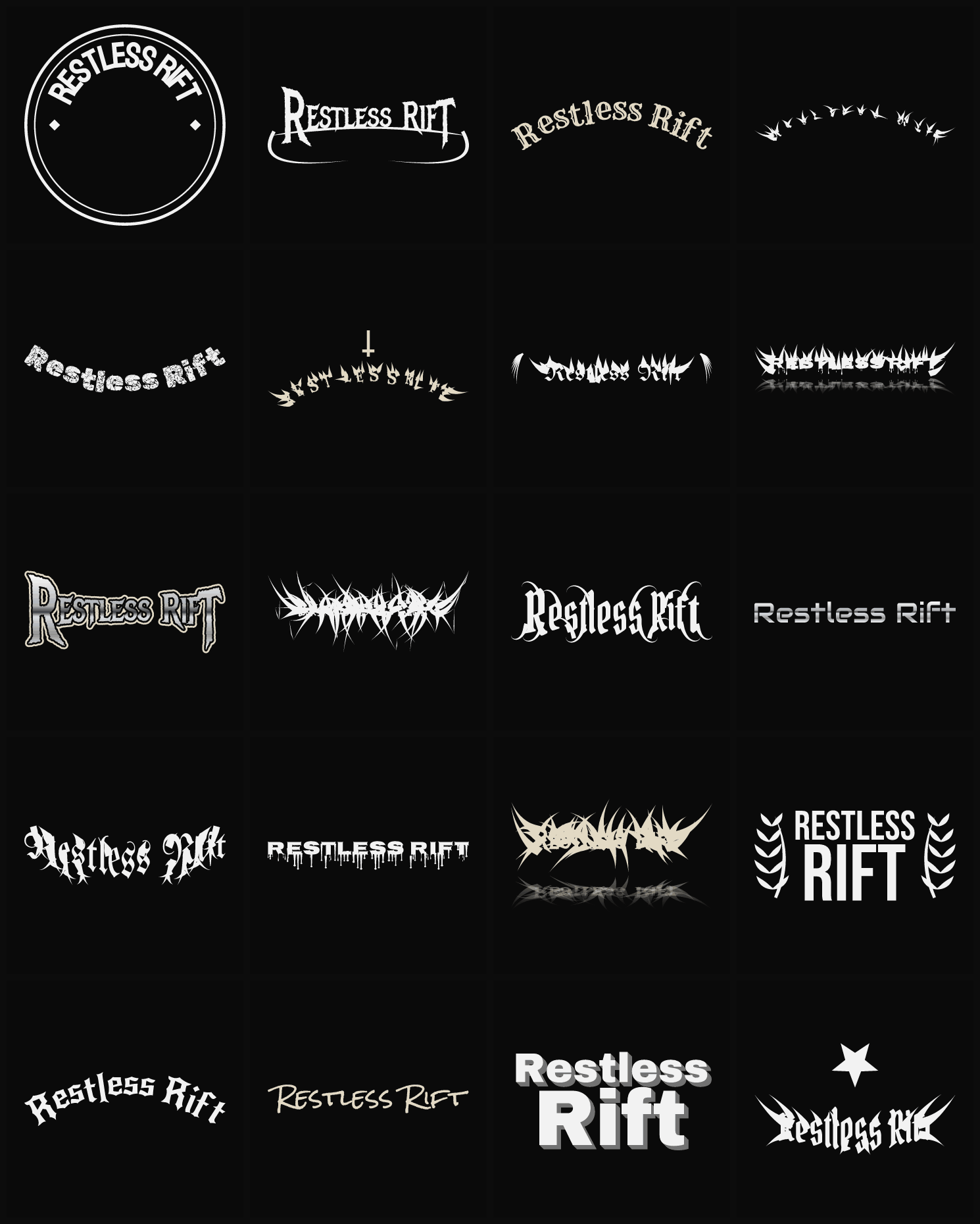 Twenty Restless Rift band logo ideas — different faces, treatments and spike settings