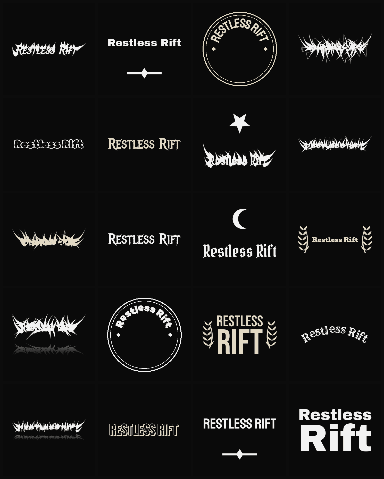 Twenty Restless Rift band logo ideas — different faces, treatments and spike settings