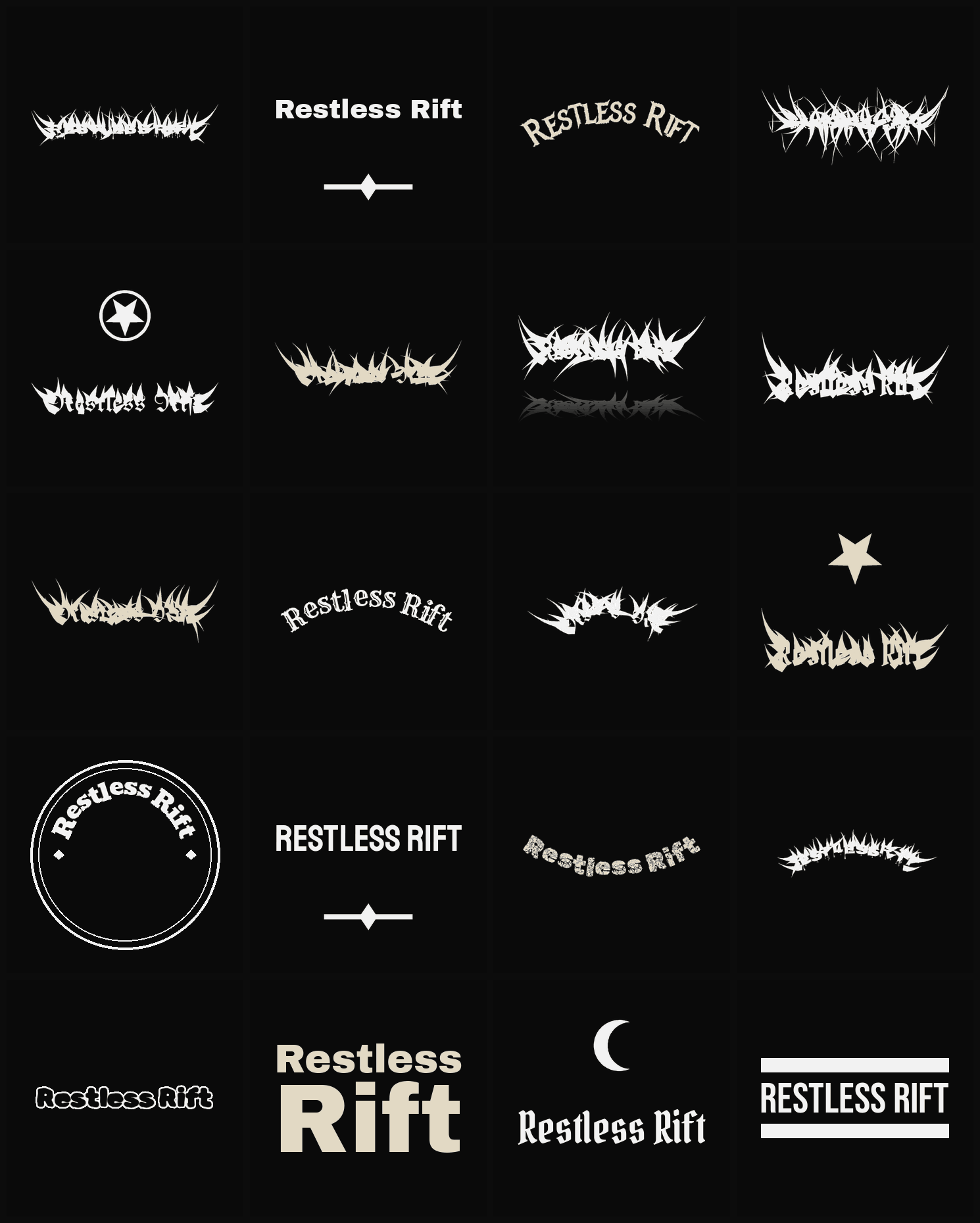 Twenty Restless Rift band logo ideas — different faces, treatments and spike settings