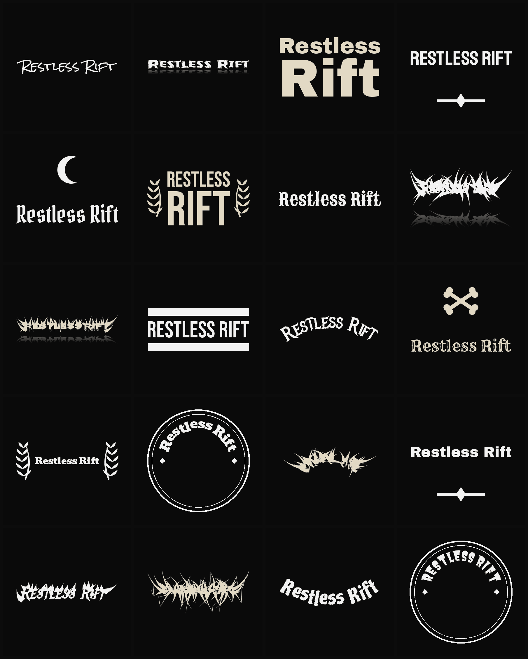 Twenty Restless Rift band logo ideas — different faces, treatments and spike settings