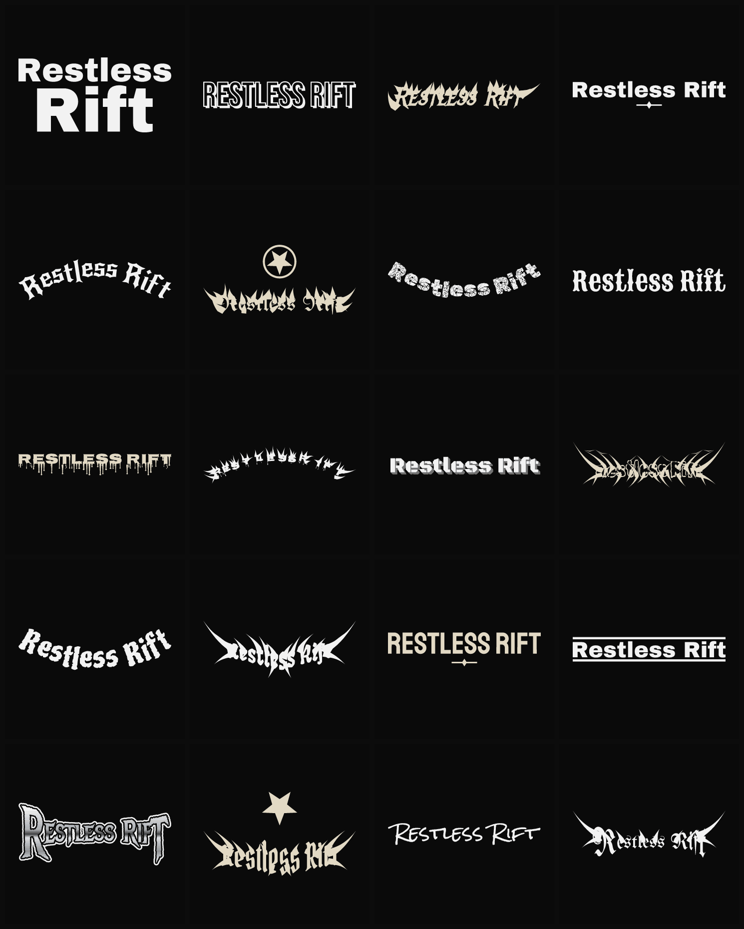 Twenty Restless Rift band logo ideas — different faces, treatments and spike settings
