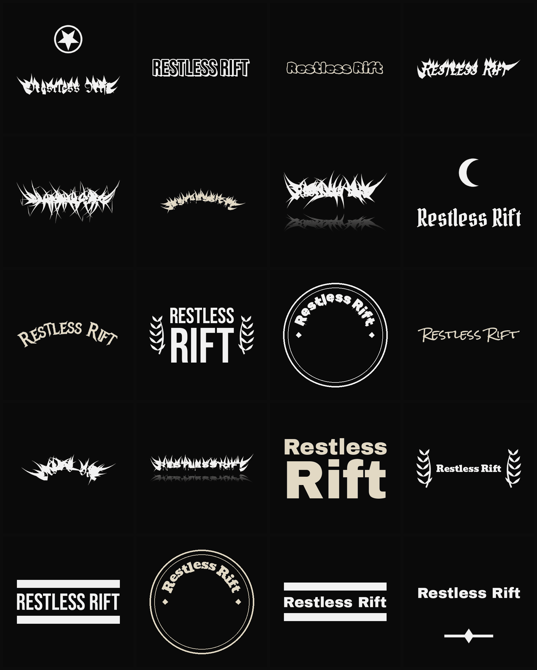 Twenty Restless Rift band logo ideas — different faces, treatments and spike settings