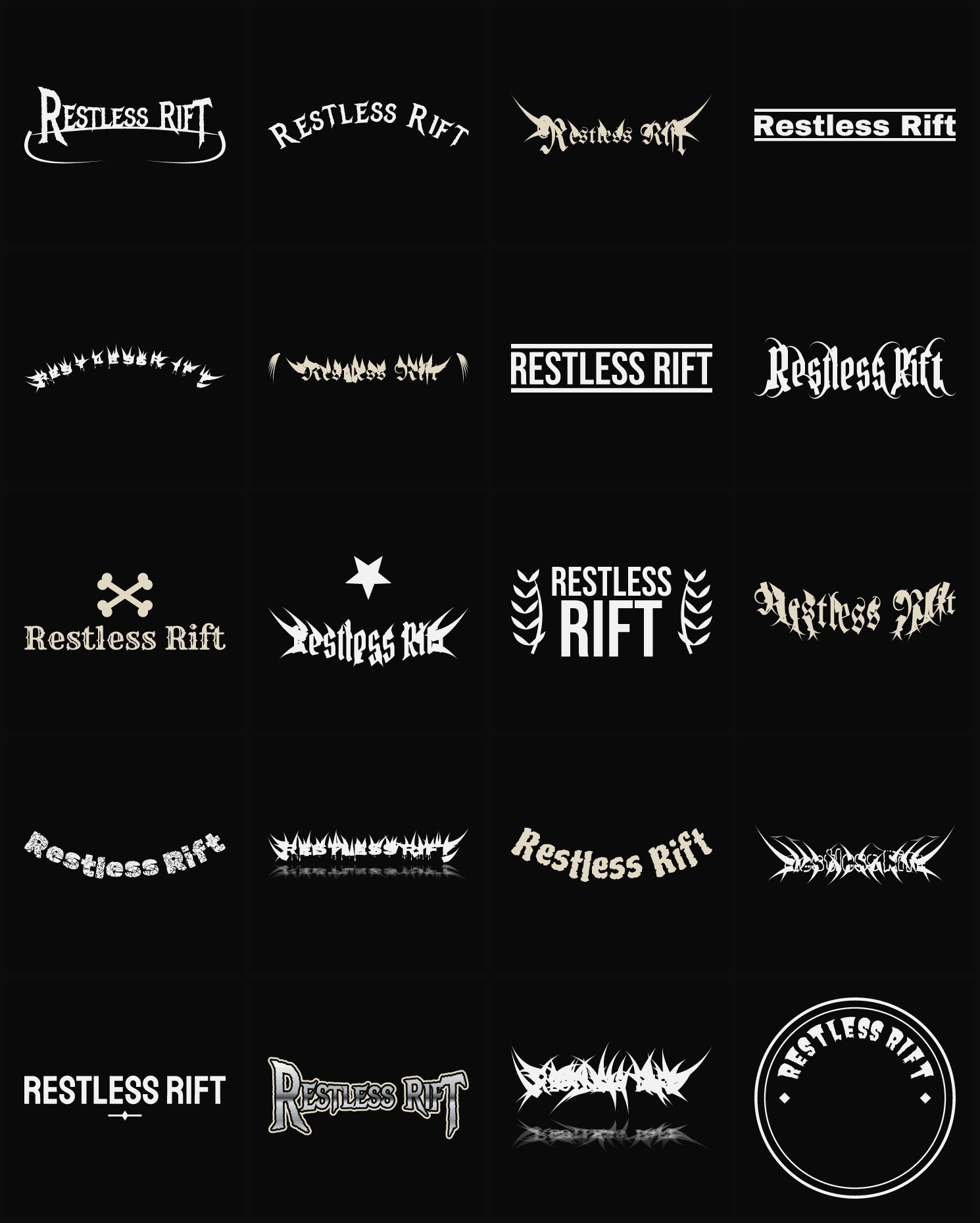 Twenty Restless Rift band logo ideas — different faces, treatments and spike settings
