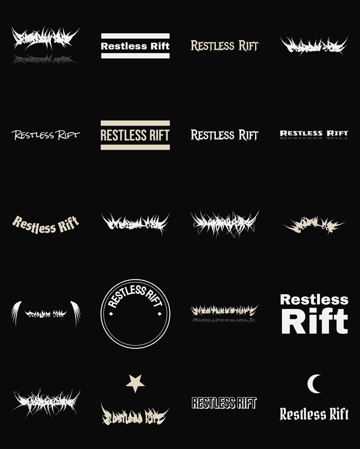 Twenty Restless Rift band logo ideas — different faces, treatments and spike settings