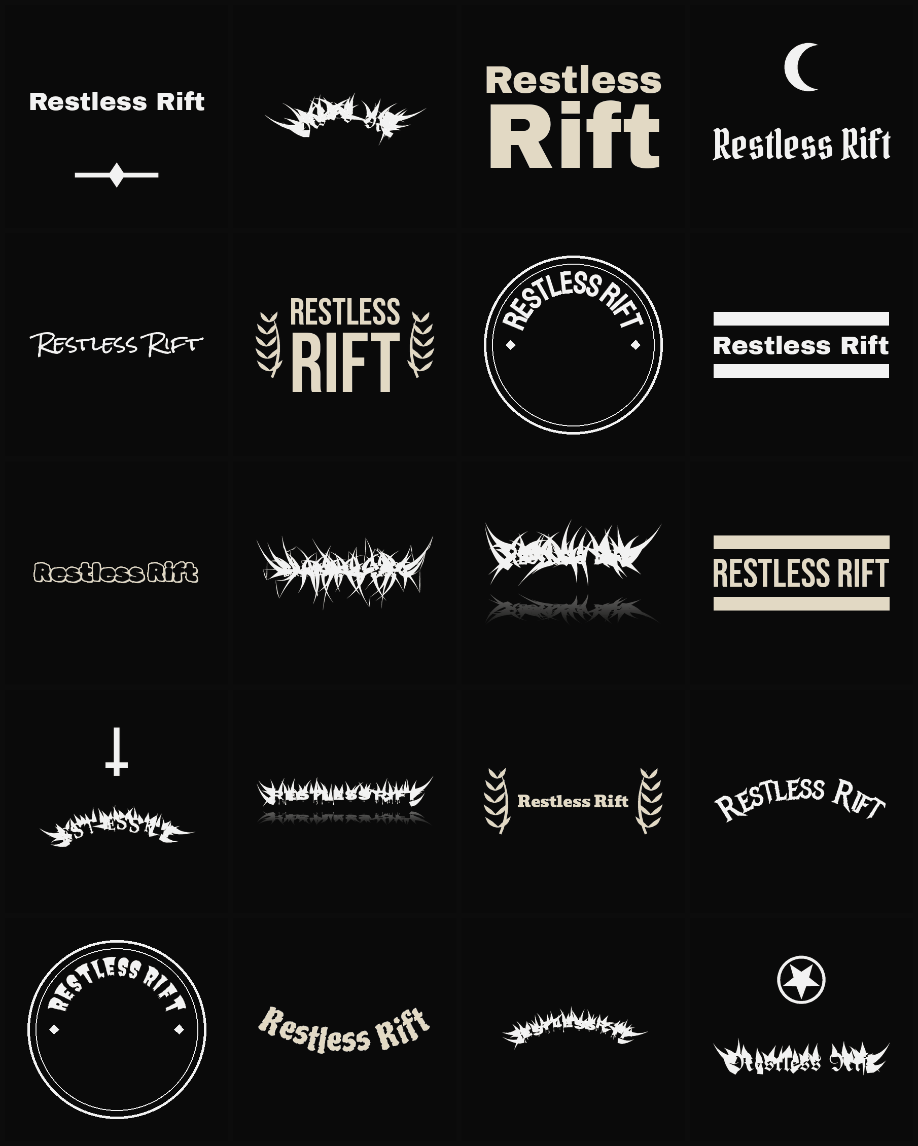 Twenty Restless Rift band logo ideas — different faces, treatments and spike settings