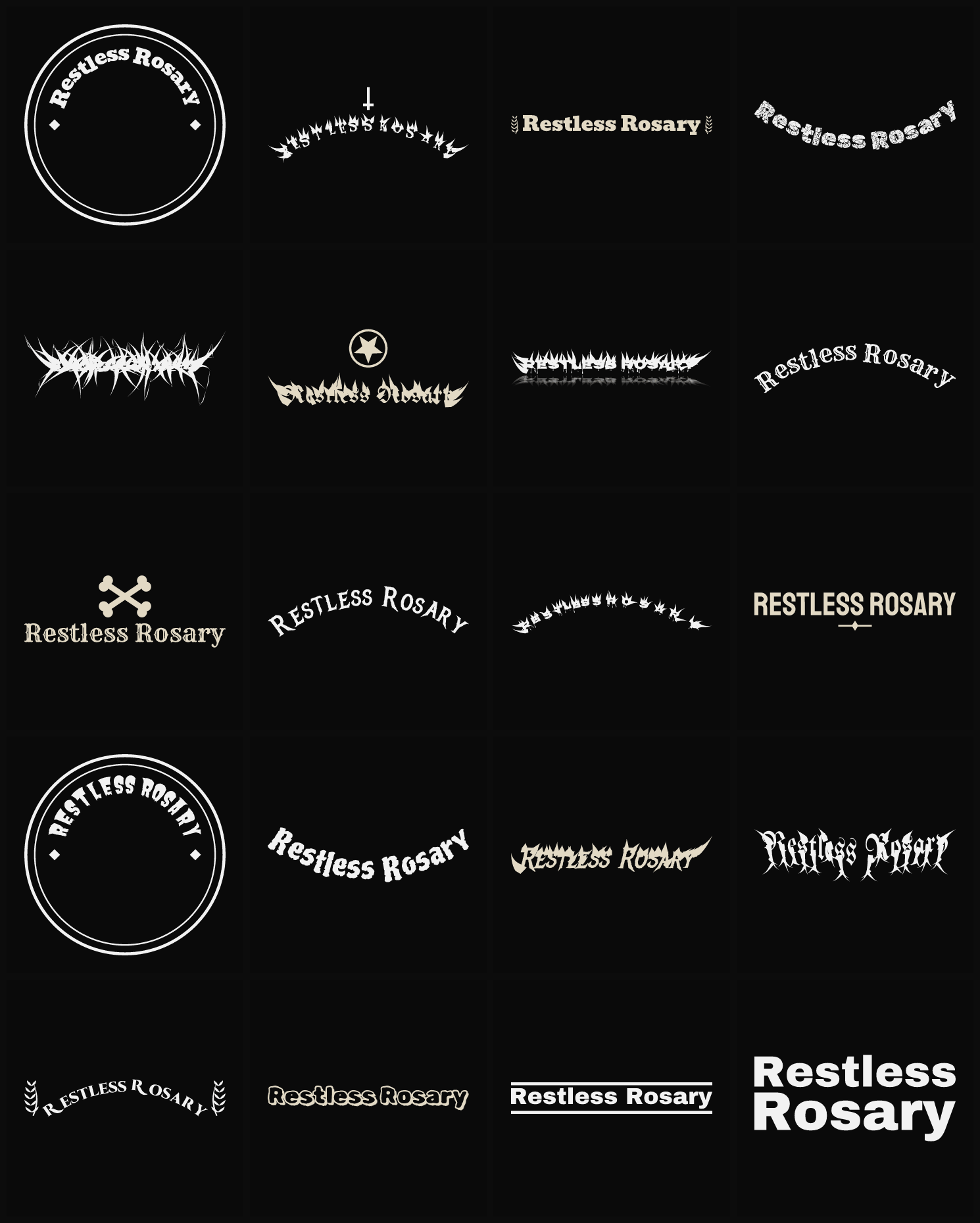 Twenty Restless Rosary band logo ideas — different faces, treatments and spike settings
