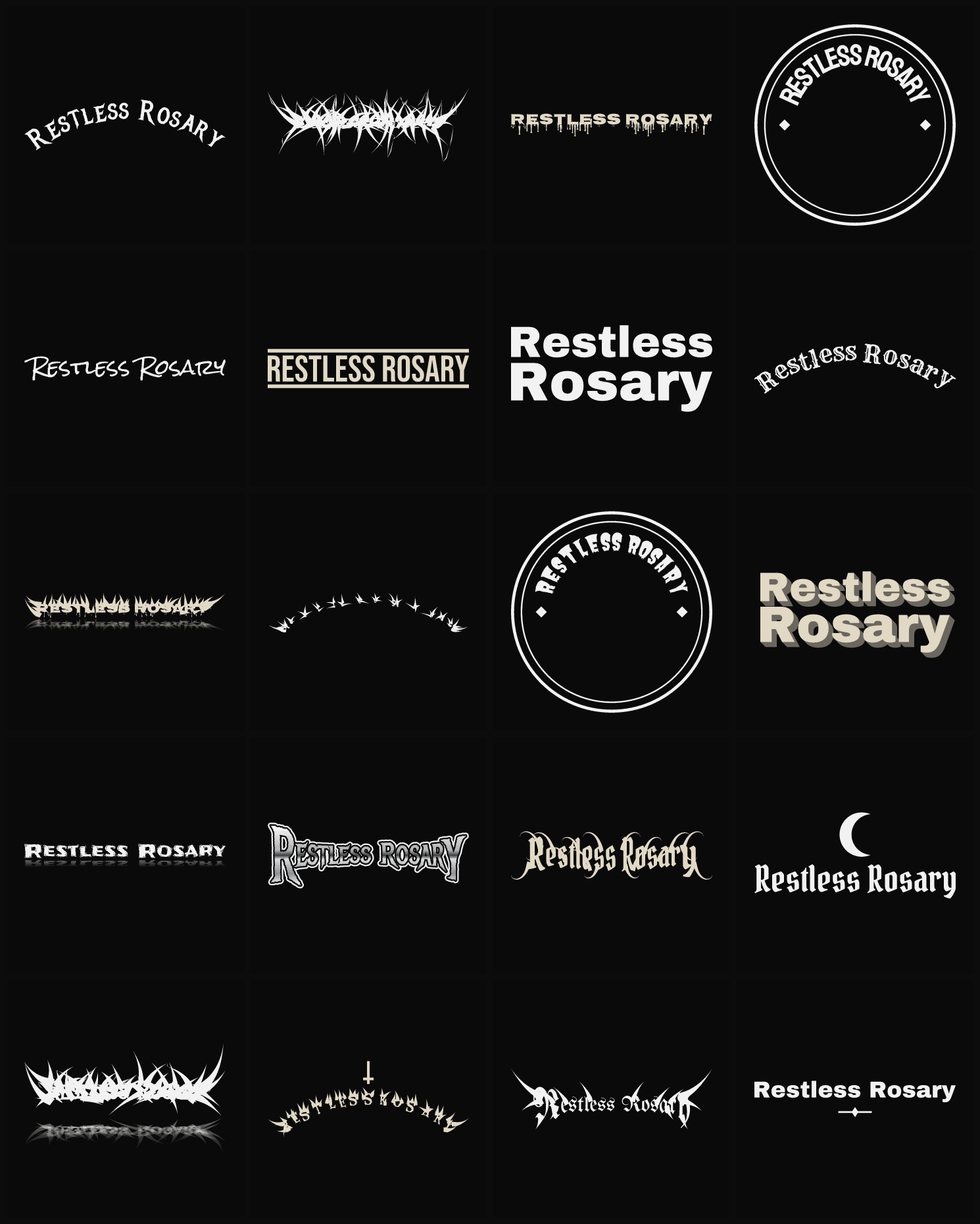 Twenty Restless Rosary band logo ideas — different faces, treatments and spike settings
