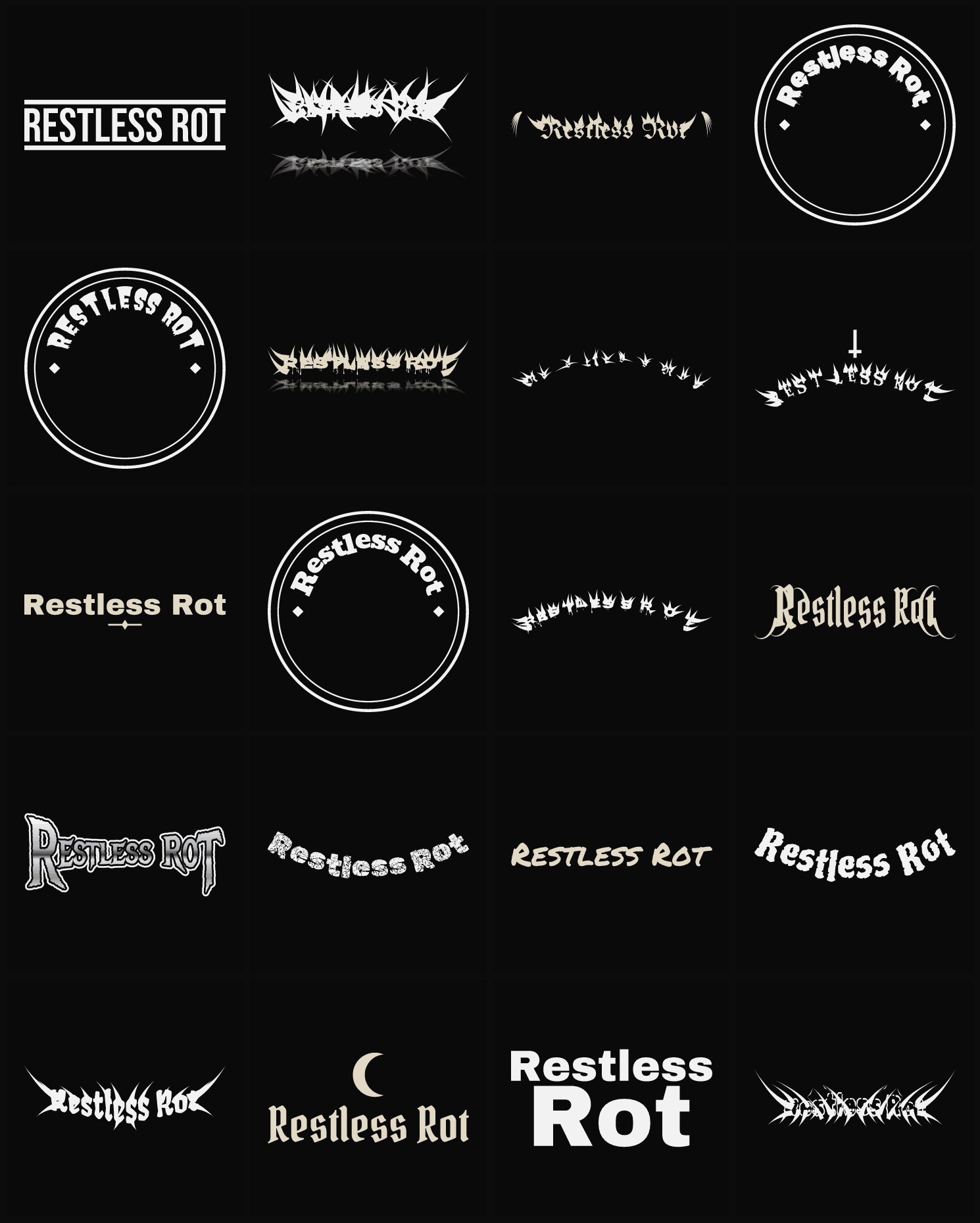 Twenty Restless Rot band logo ideas — different faces, treatments and spike settings