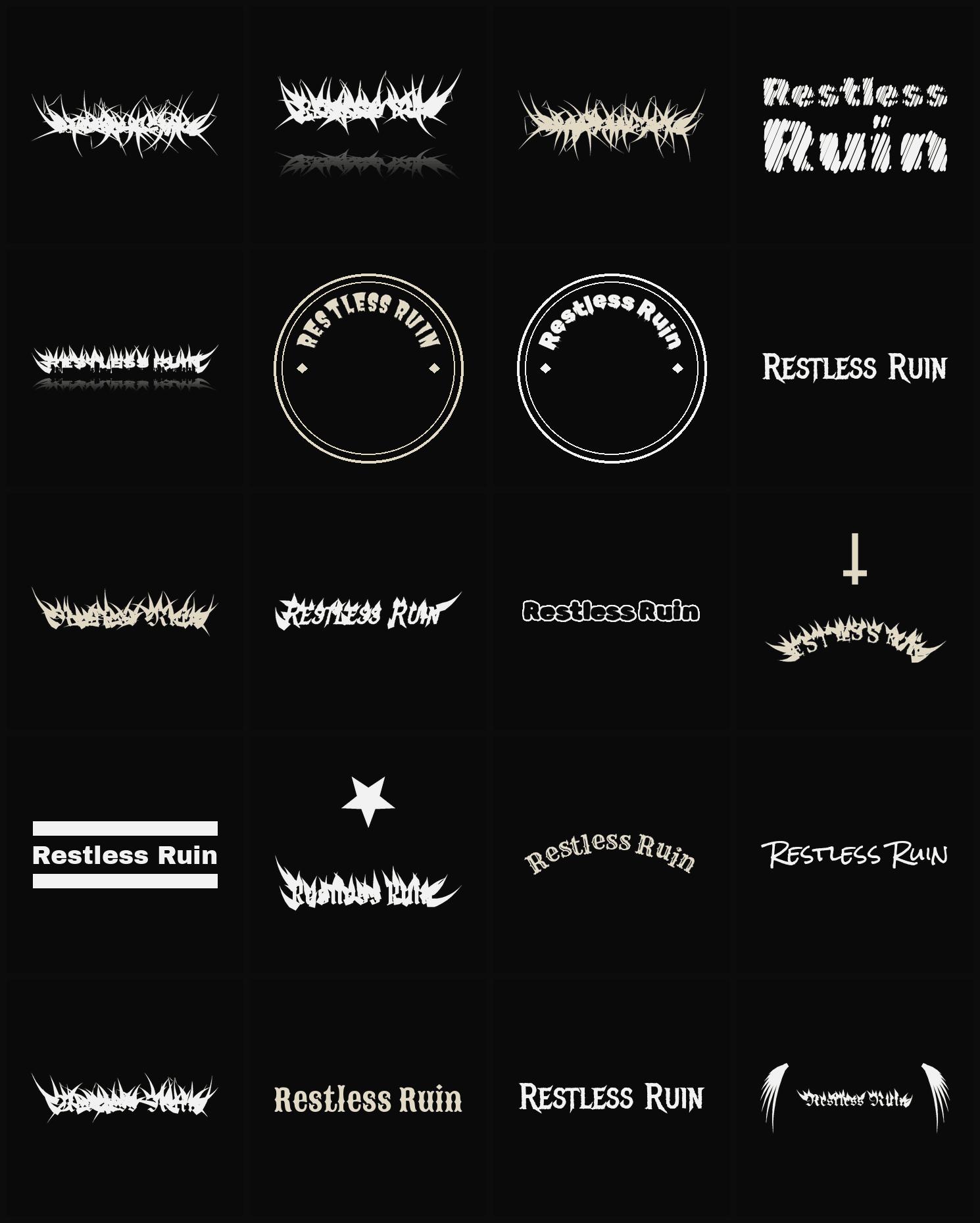 Twenty Restless Ruin band logo ideas — different faces, treatments and spike settings