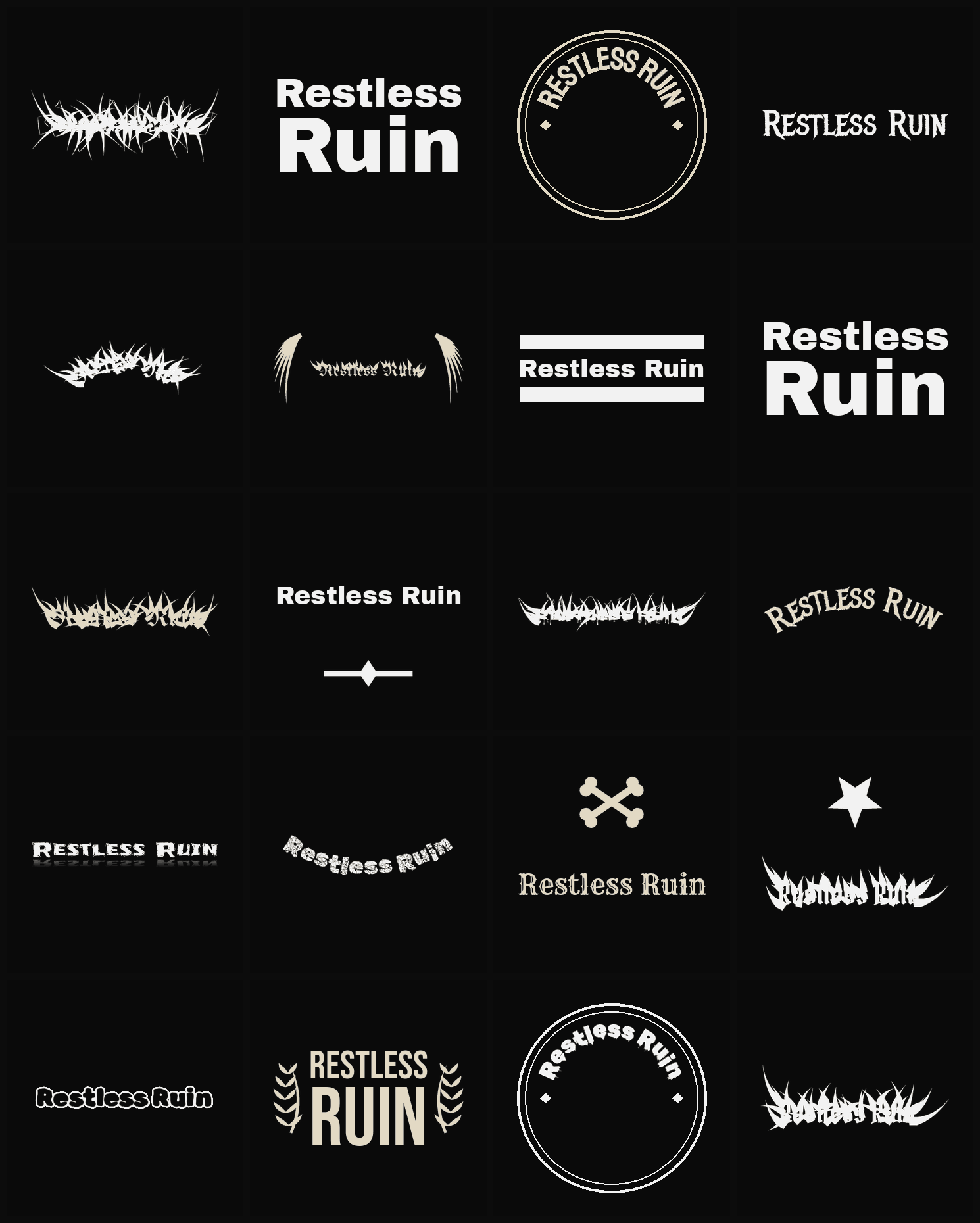 Twenty Restless Ruin band logo ideas — different faces, treatments and spike settings