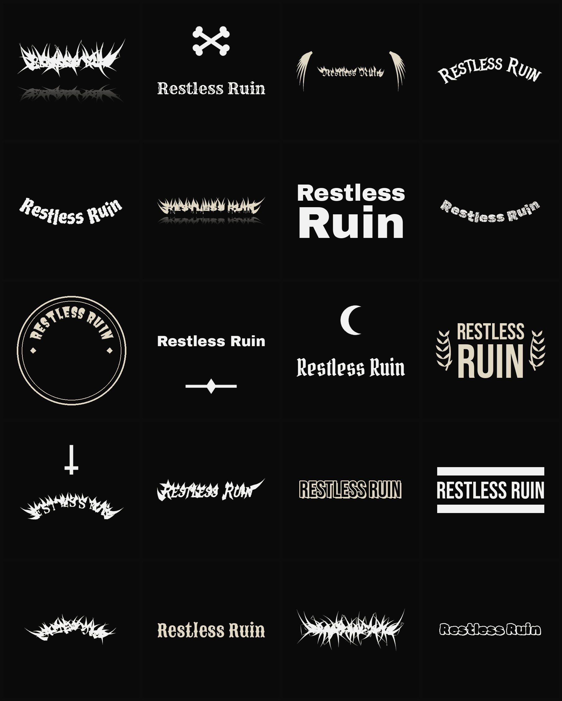 Twenty Restless Ruin band logo ideas — different faces, treatments and spike settings