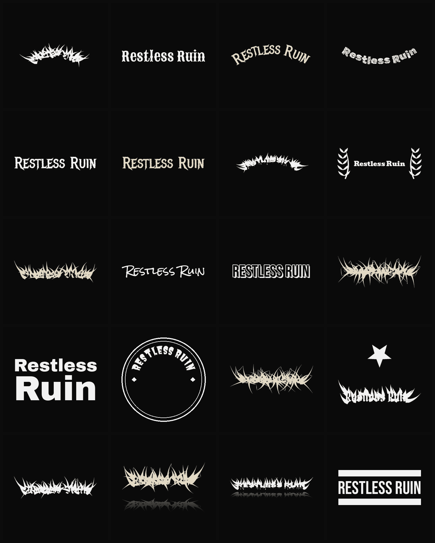 Twenty Restless Ruin band logo ideas — different faces, treatments and spike settings
