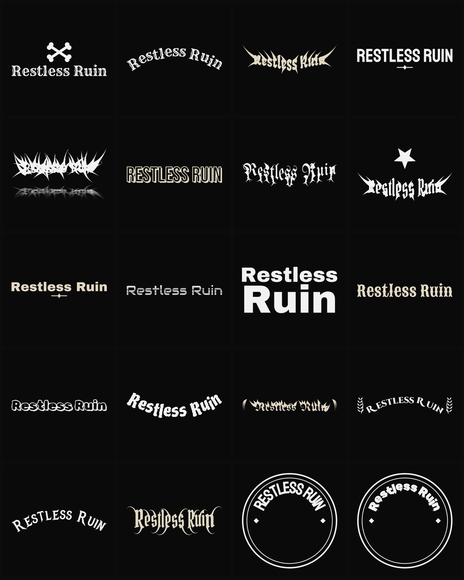 Twenty Restless Ruin band logo ideas — different faces, treatments and spike settings