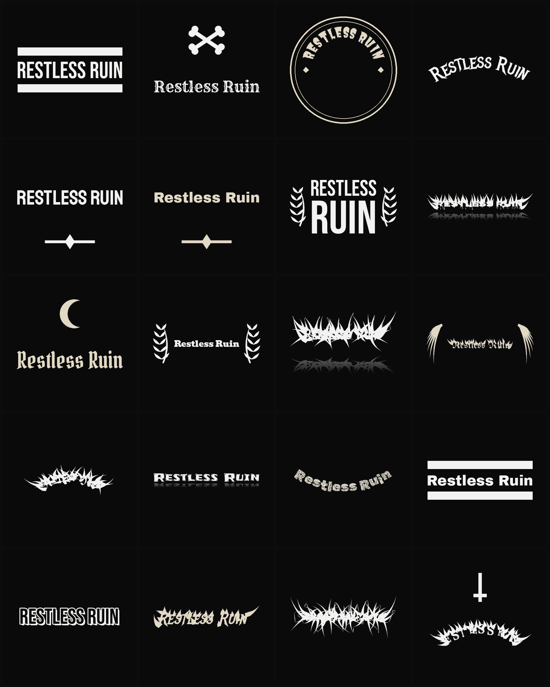 Twenty Restless Ruin band logo ideas — different faces, treatments and spike settings