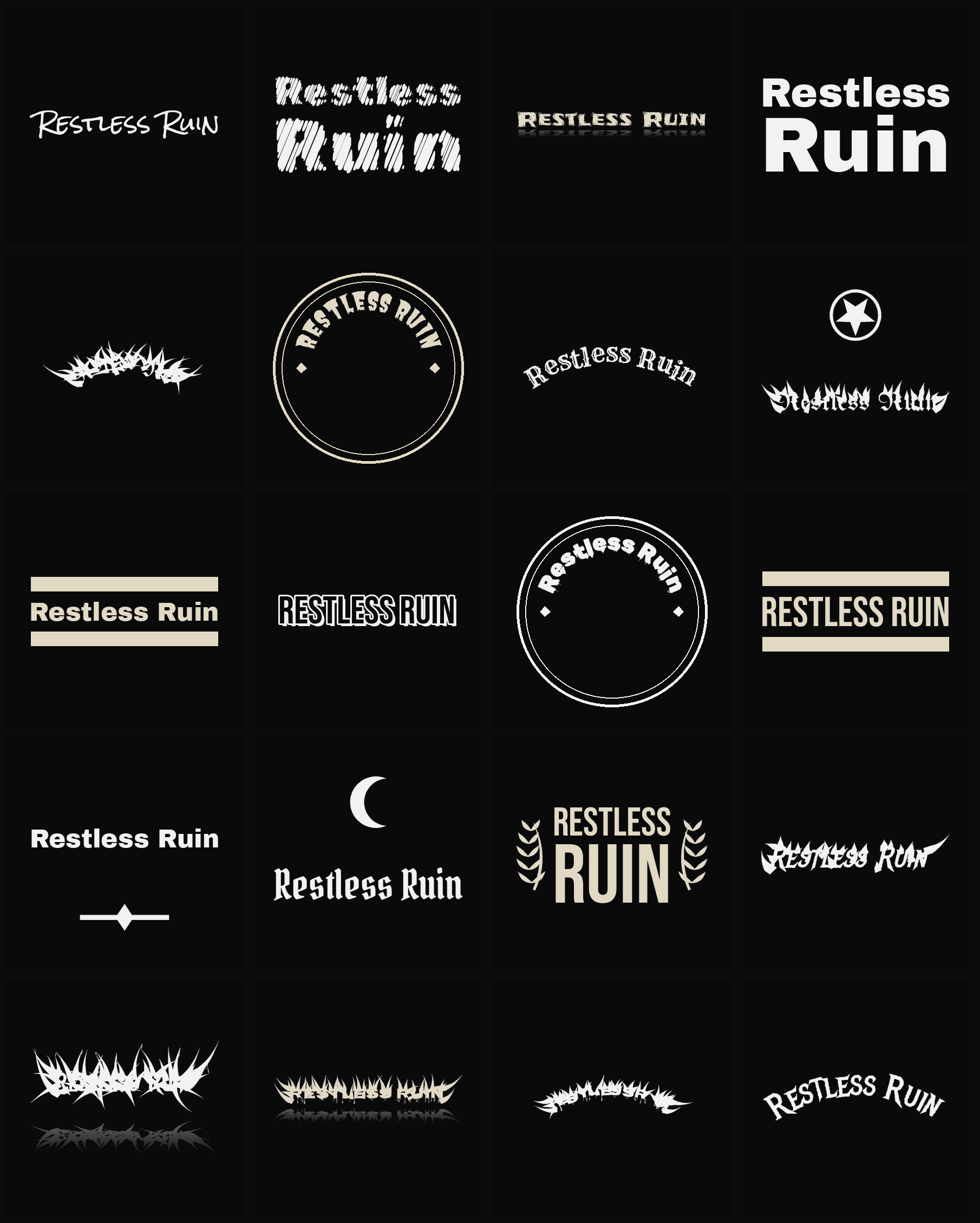 Twenty Restless Ruin band logo ideas — different faces, treatments and spike settings