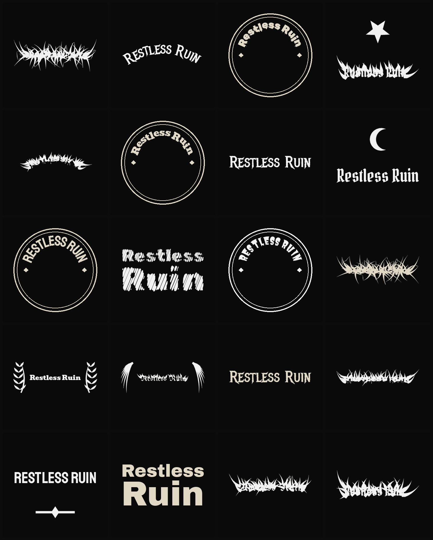 Twenty Restless Ruin band logo ideas — different faces, treatments and spike settings